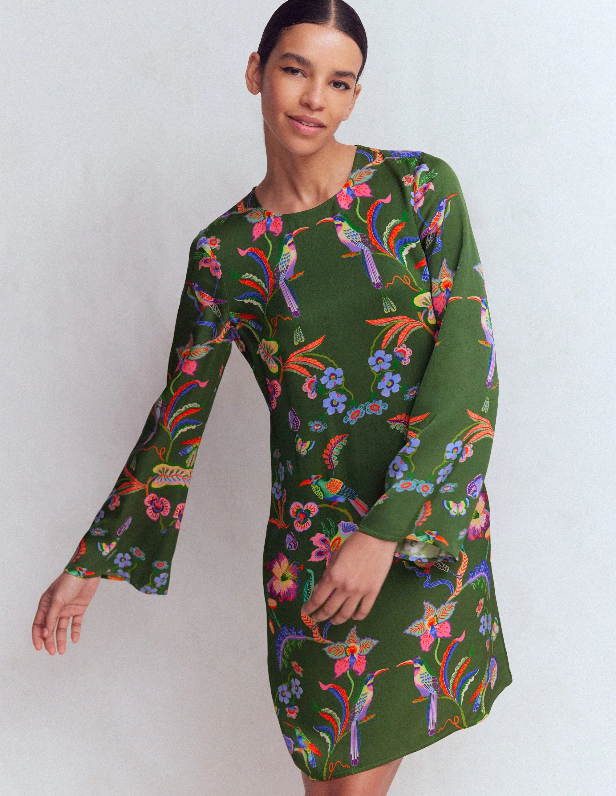 Flared Sleeve Shift Dress-Hunter Green, Orchid Canopy