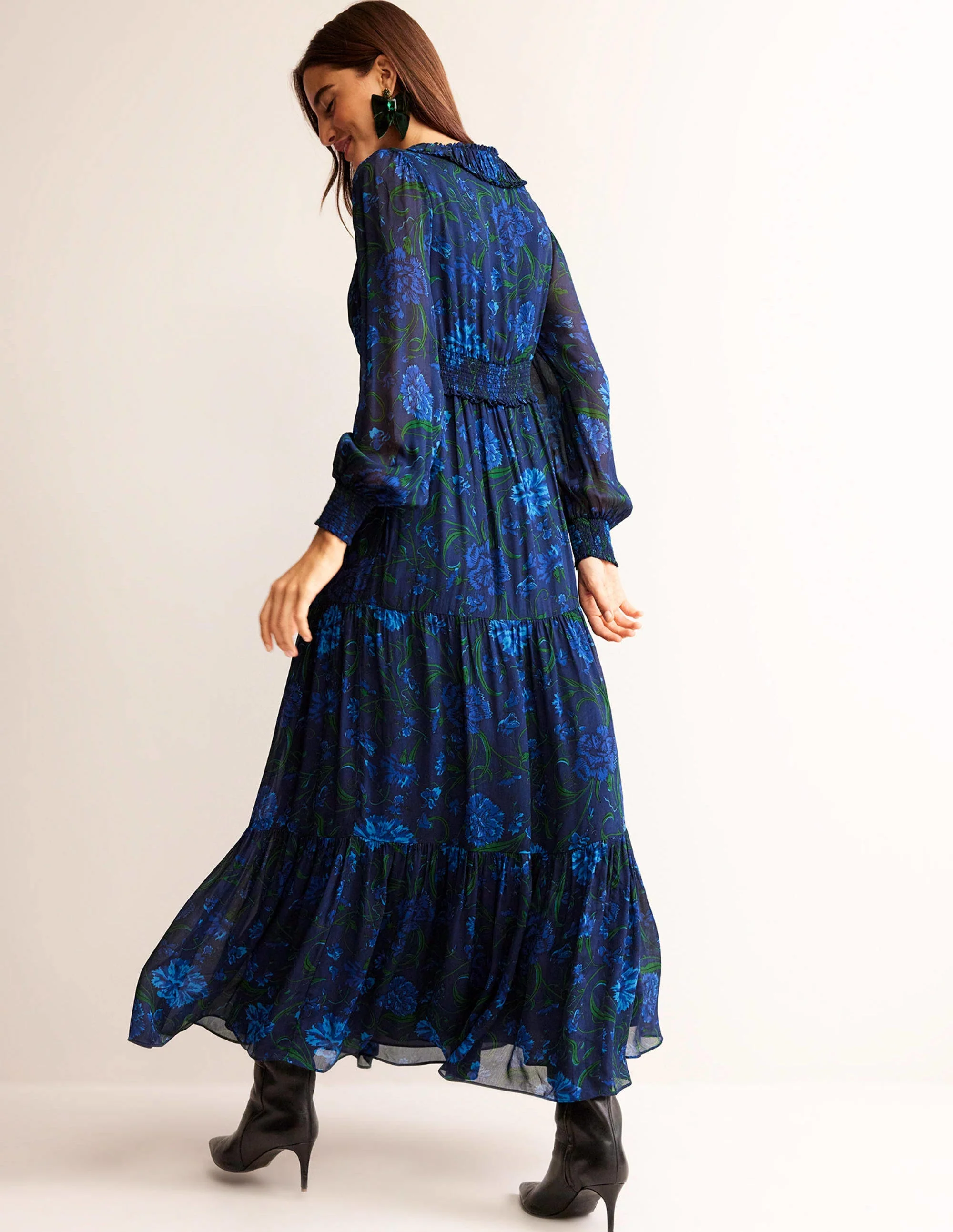 Floral Ruffle-Neck Maxi Dress-Navy, Freesia - Image 4
