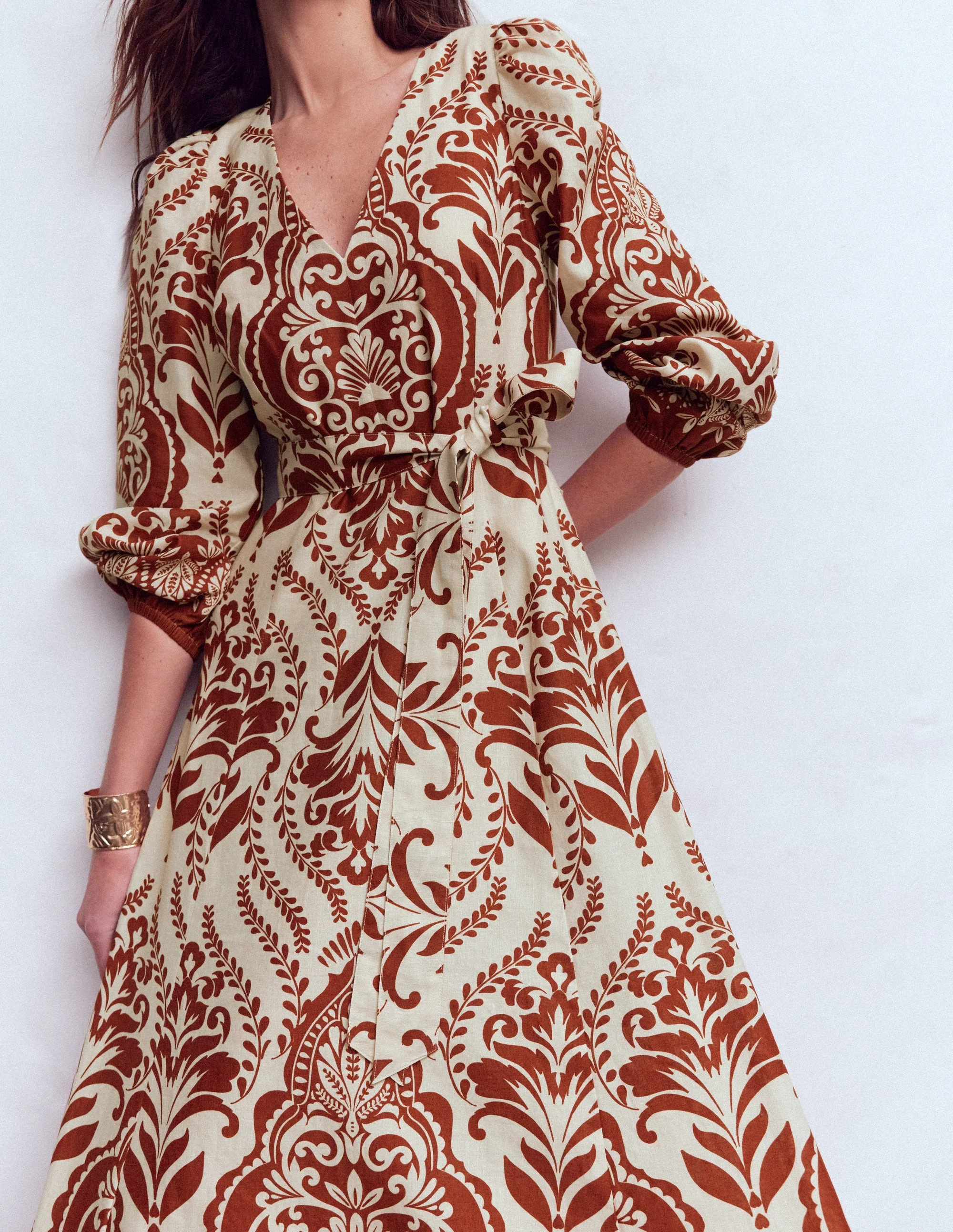 Florence Linen Blend Dress-Orange, Ornamental Garden - Image 2
