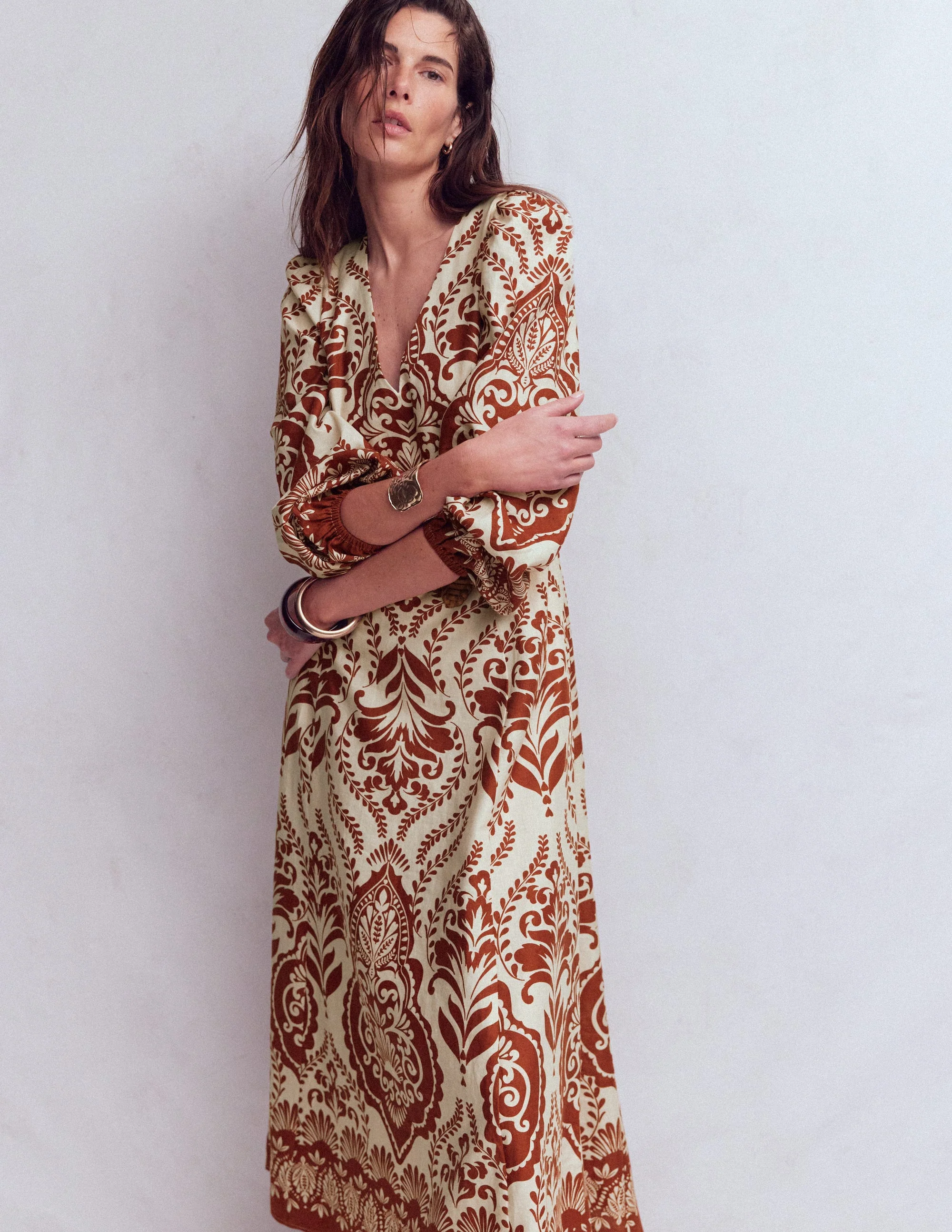 Florence Linen Blend Dress-Orange, Ornamental Garden - Image 4