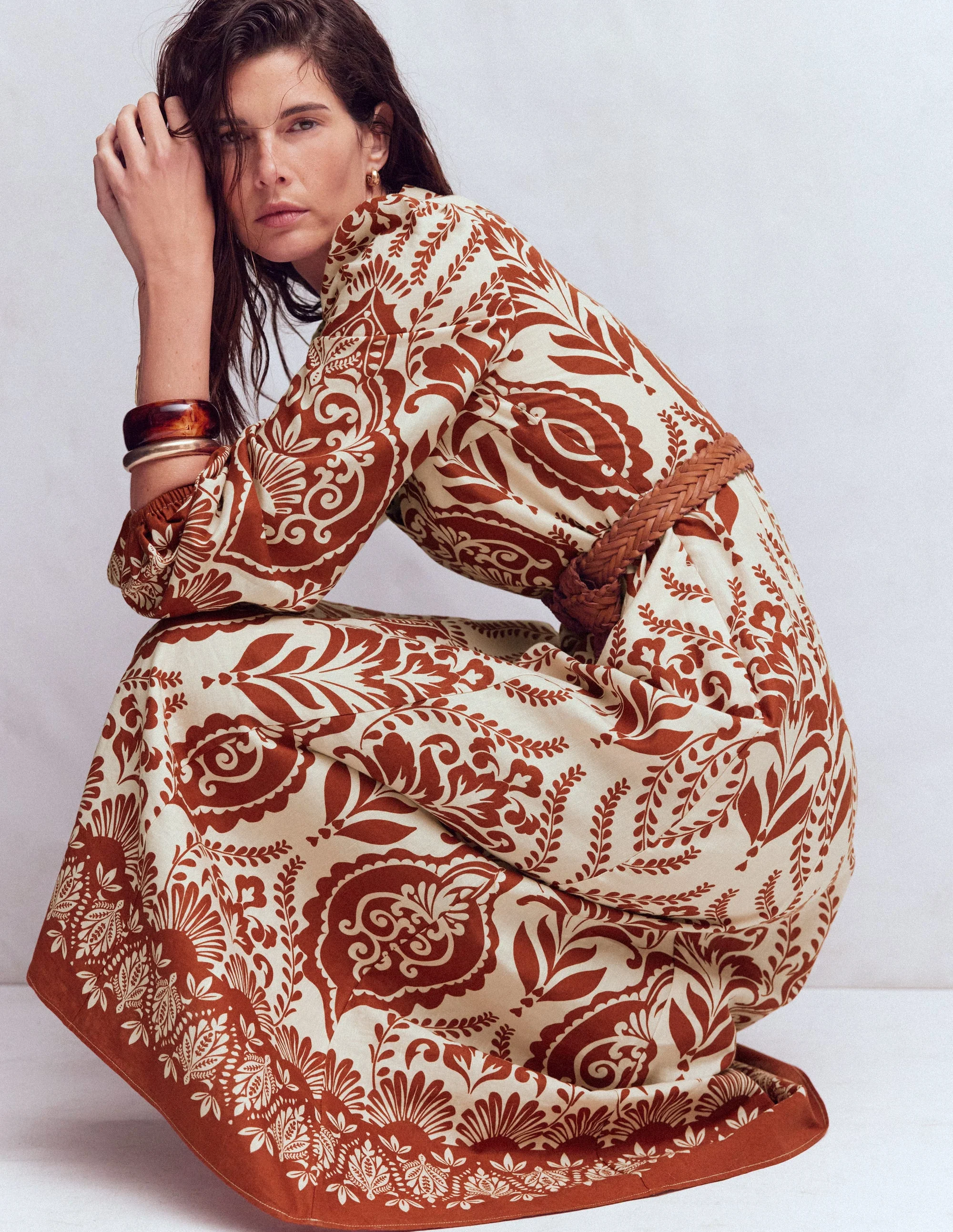 Florence Linen Blend Dress-Orange, Ornamental Garden - Image 5