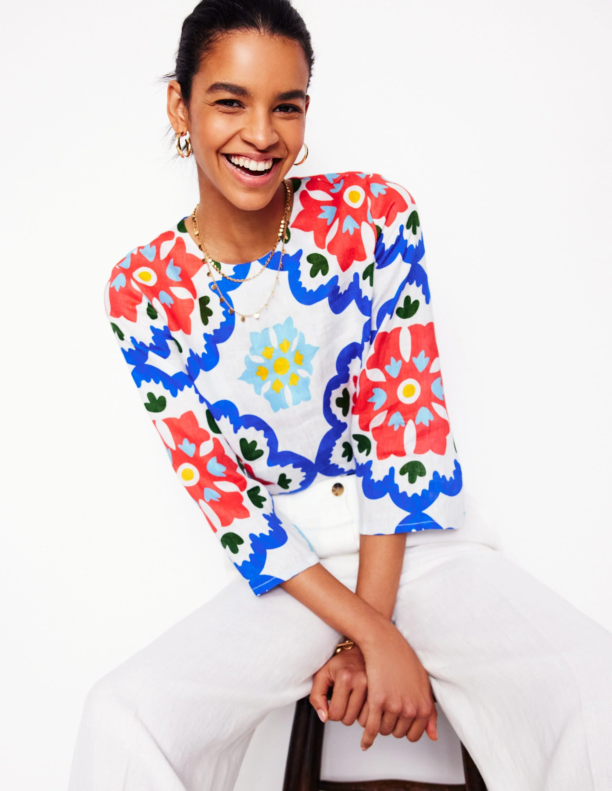 Fluted Sleeve Linen Top-Ivory, Bloom Geo - Image 3