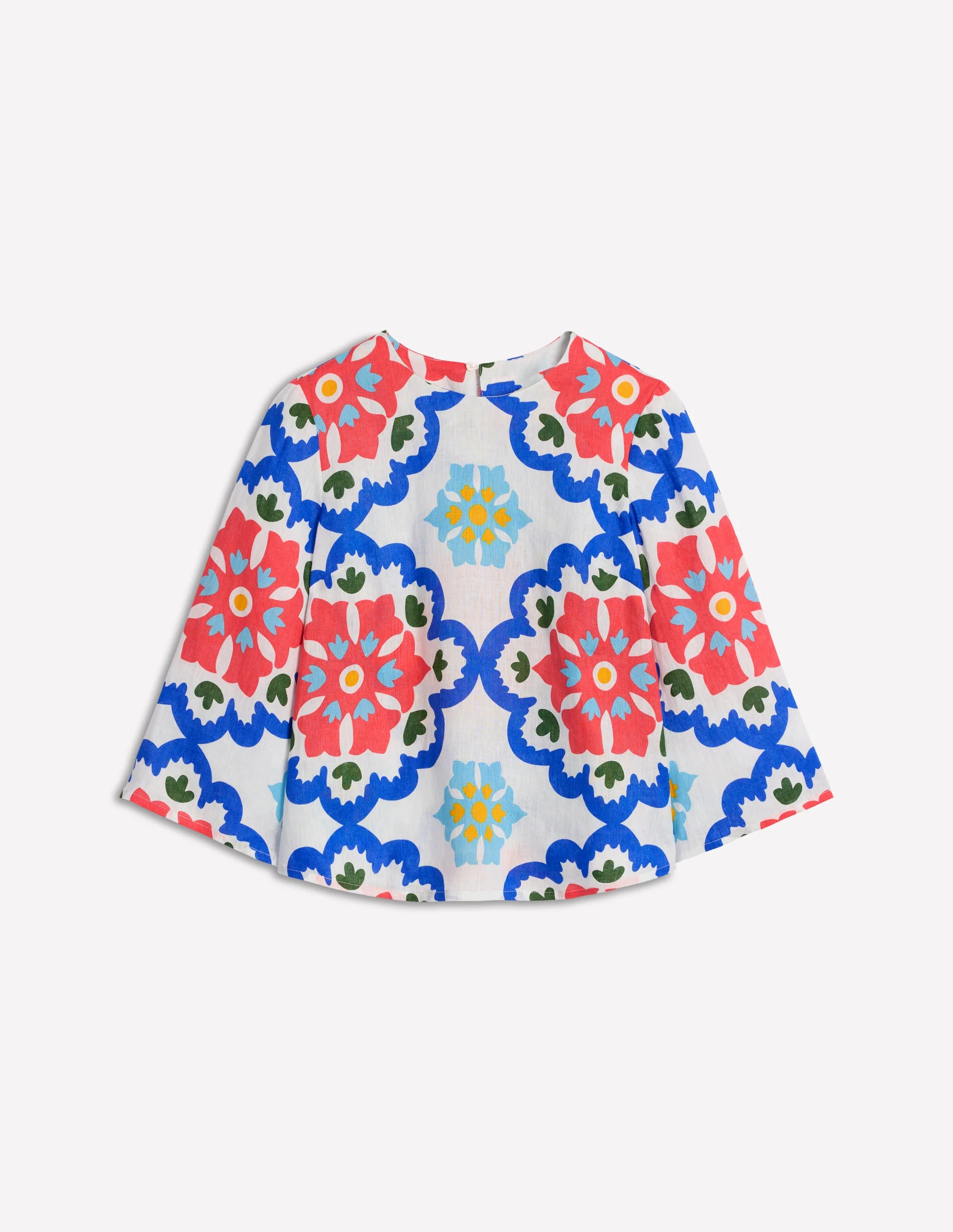 Fluted Sleeve Linen Top-Ivory, Bloom Geo - Image 7