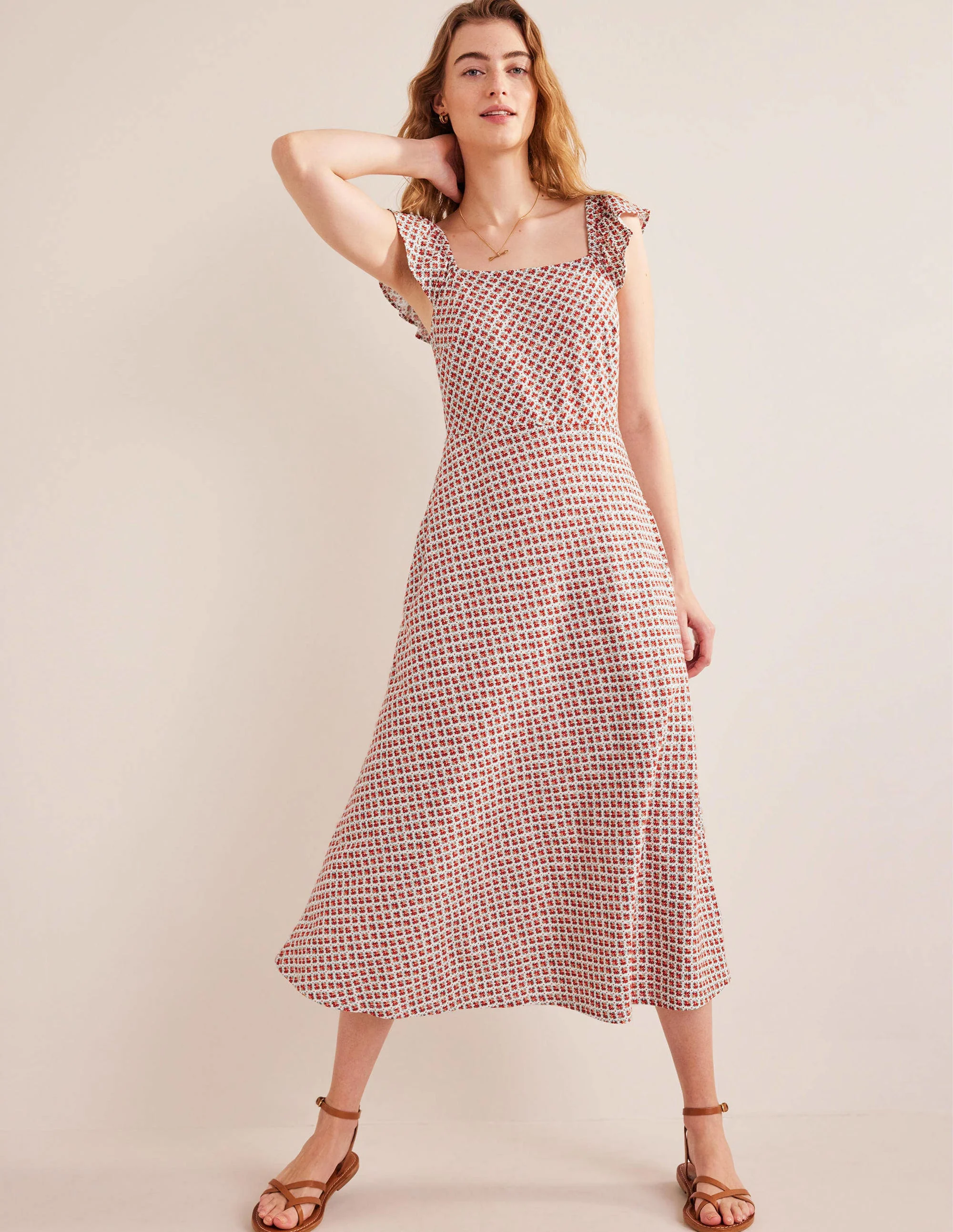 Frill Detail Jersey Midi Dress-Vermillion, Bloom Bud