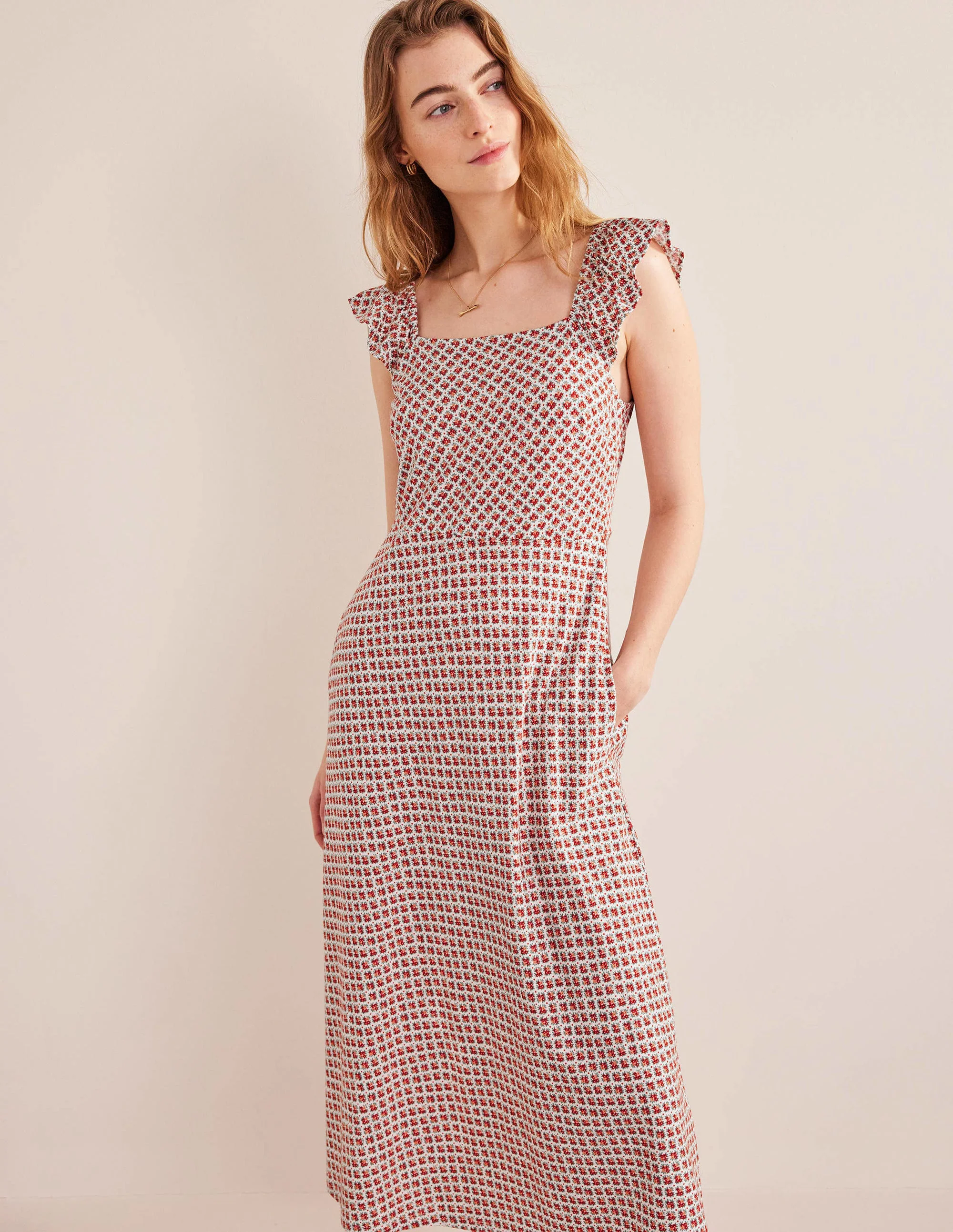 Frill Detail Jersey Midi Dress-Vermillion, Bloom Bud - Image 4