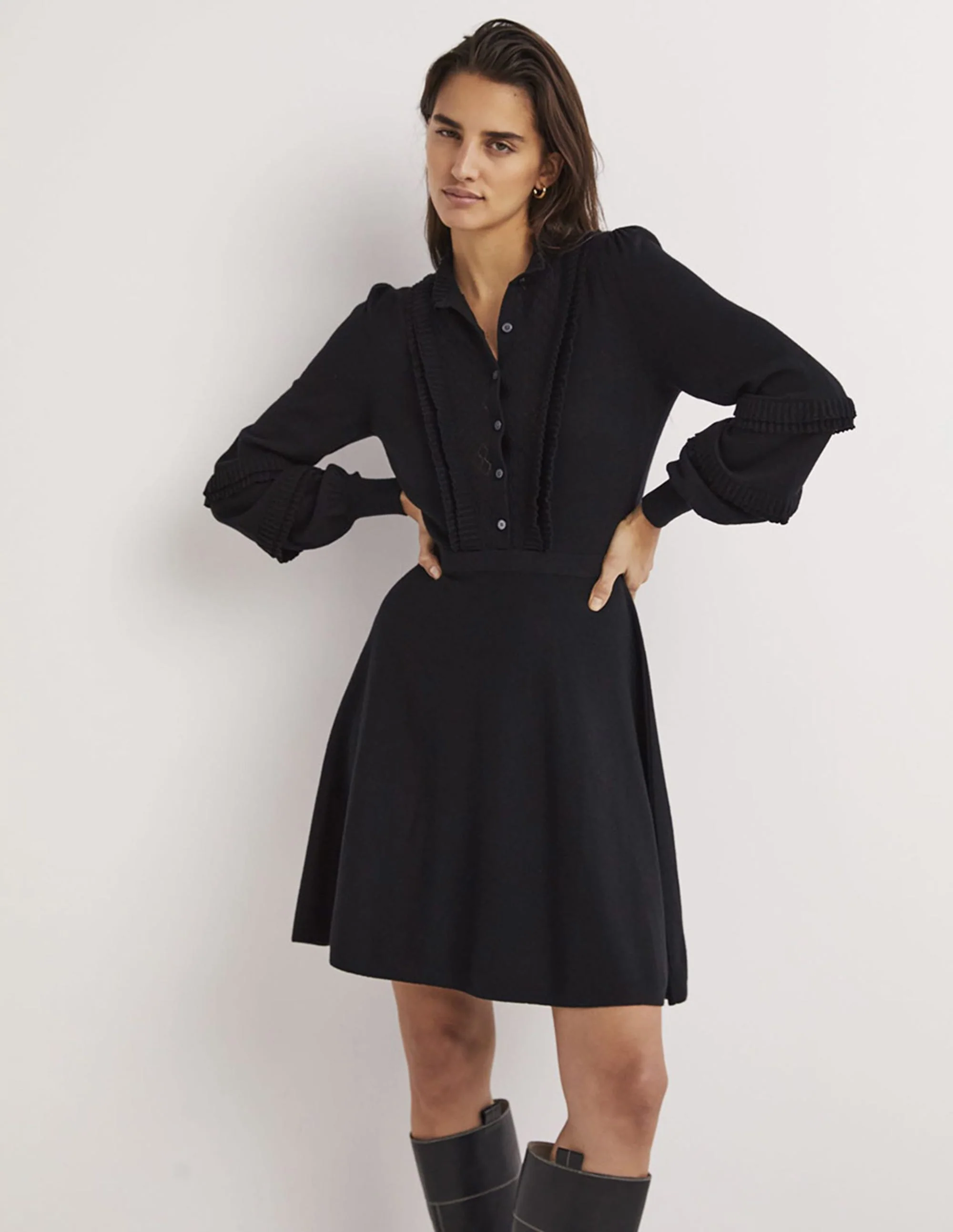 Frill Knitted Mini Dress-Black