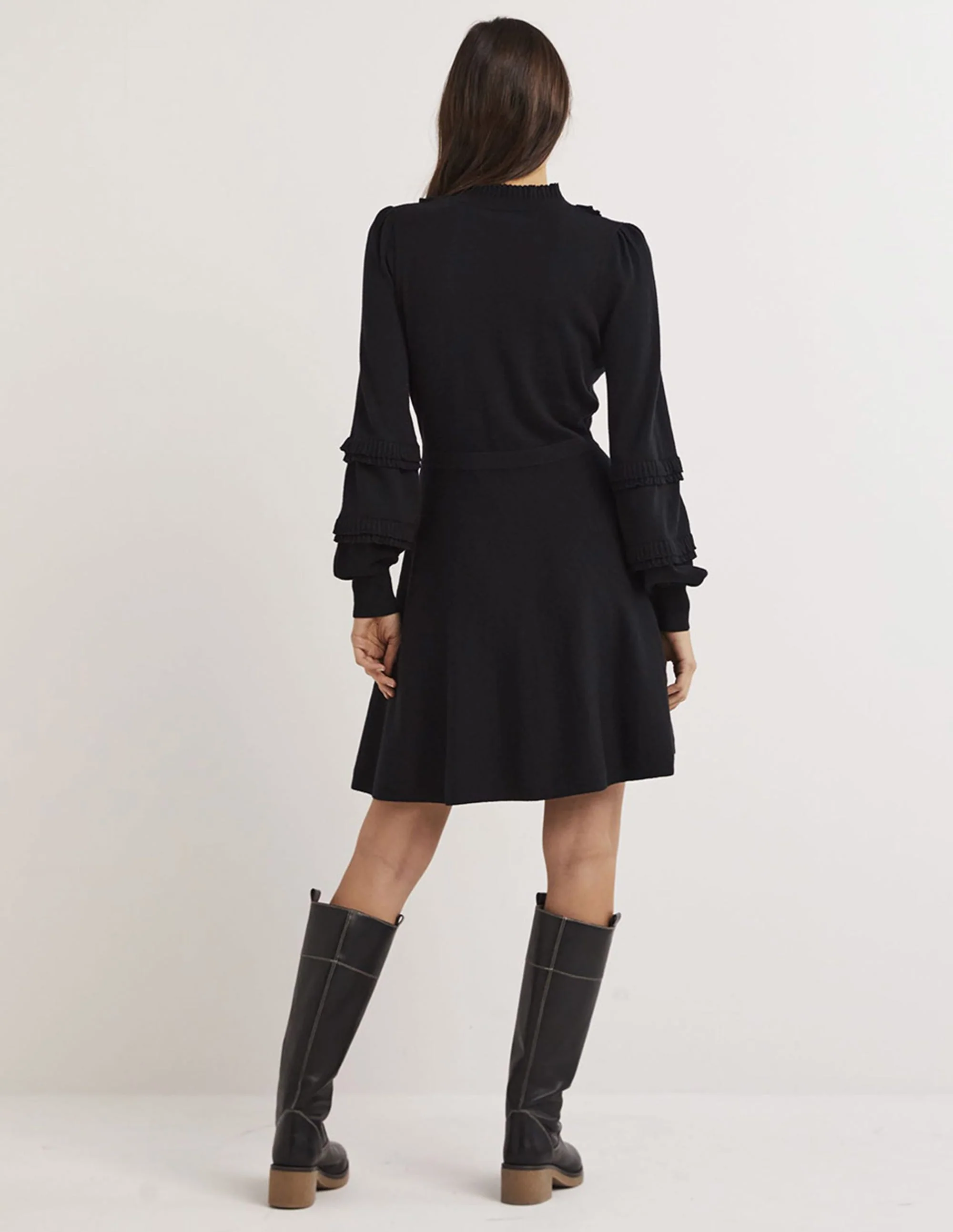 Frill Knitted Mini Dress-Black - Image 3