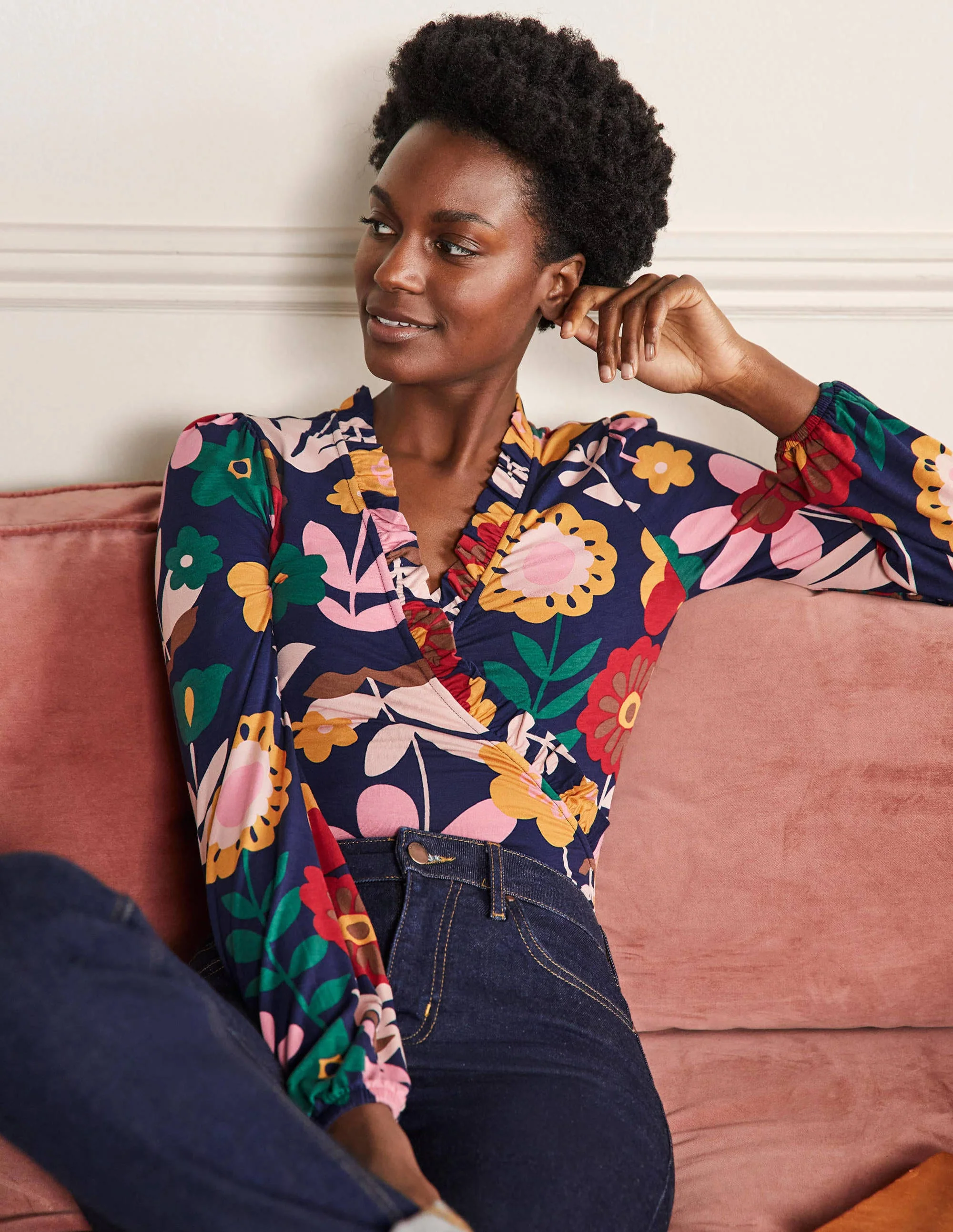 Frill Neck Blouson Wrap Top-French Navy, Flora Bloom