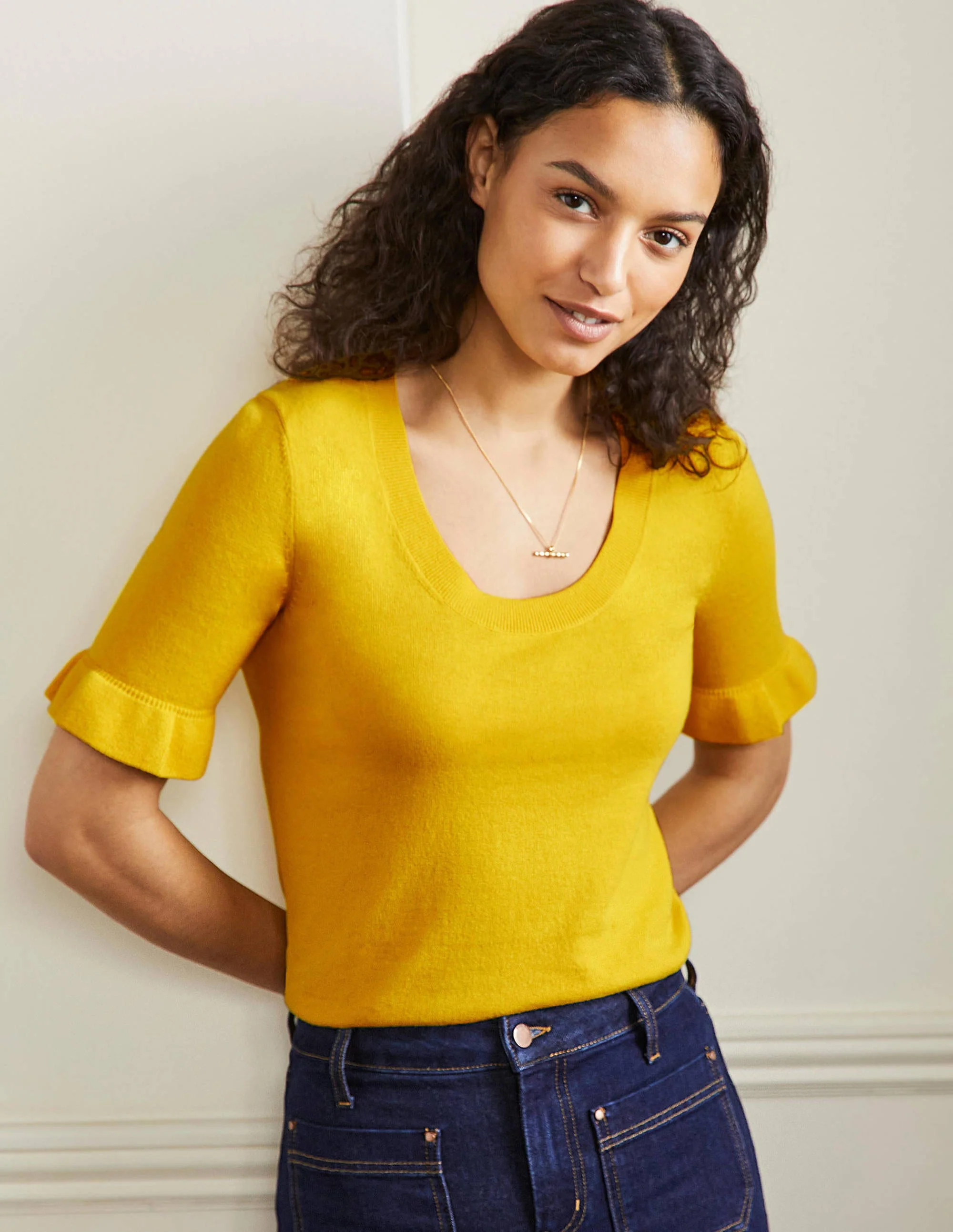Frill Sleeve Knitted T-Shirt-Lemon Fizz