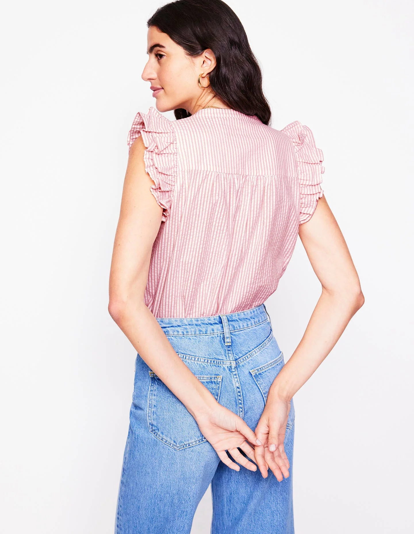 Frill Sleeve Seersucker Top-Pink Rose Fine Stripe - Image 4