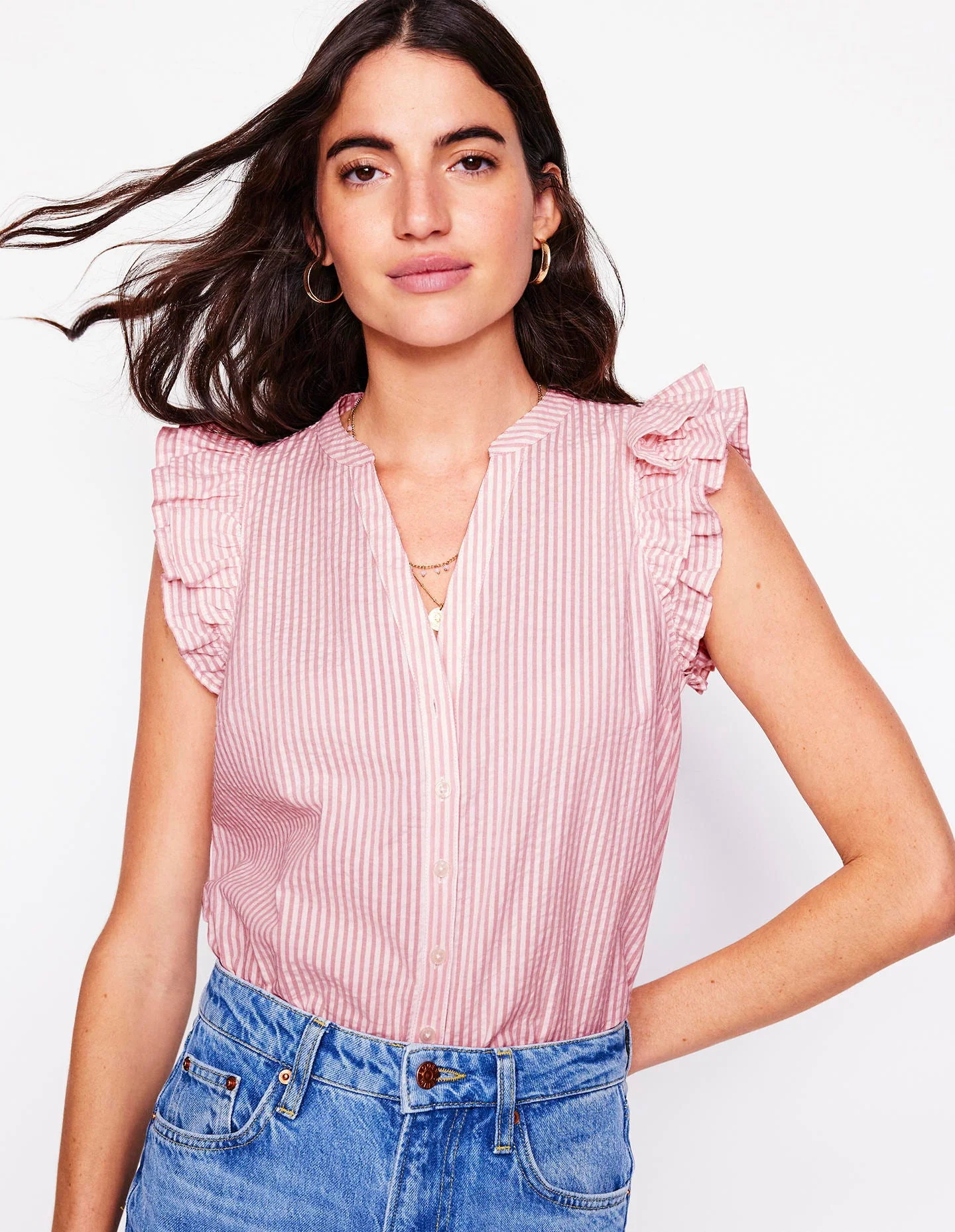 Frill Sleeve Seersucker Top-Pink Rose Fine Stripe - Image 5