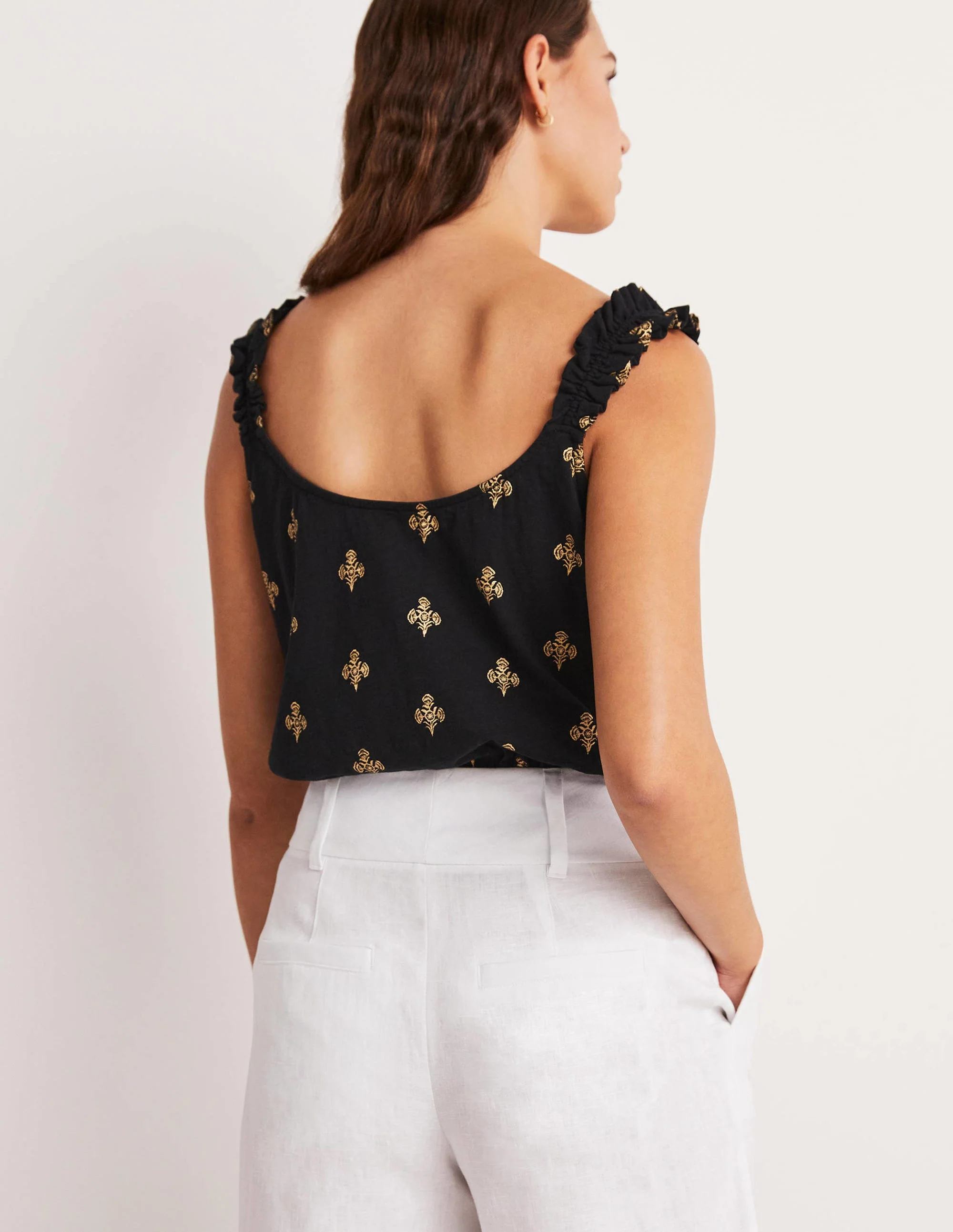 Frill Strap Jersey Top-Black, Poppy Bloom Mono Foil - Image 3
