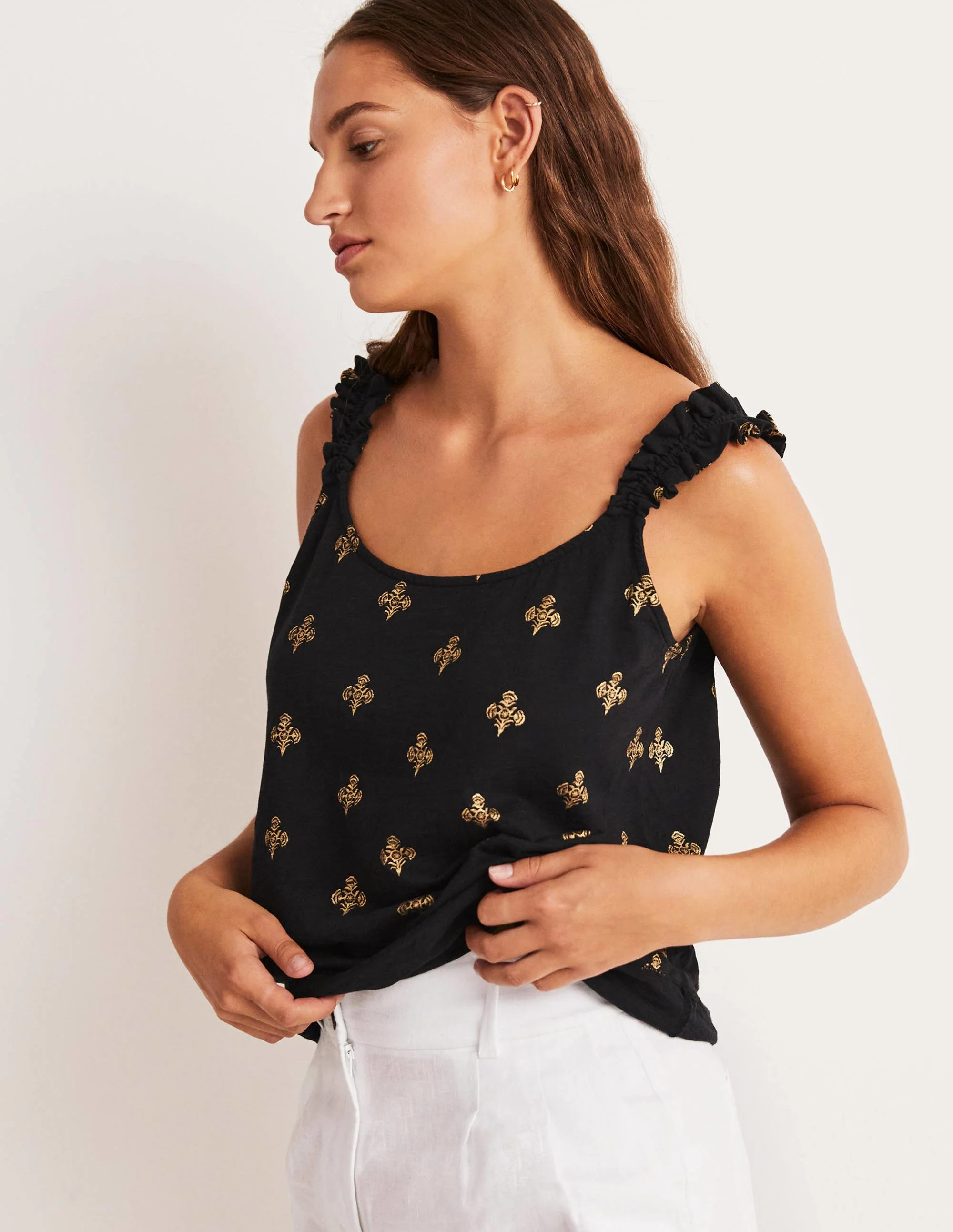 Frill Strap Jersey Top-Black, Poppy Bloom Mono Foil - Image 4
