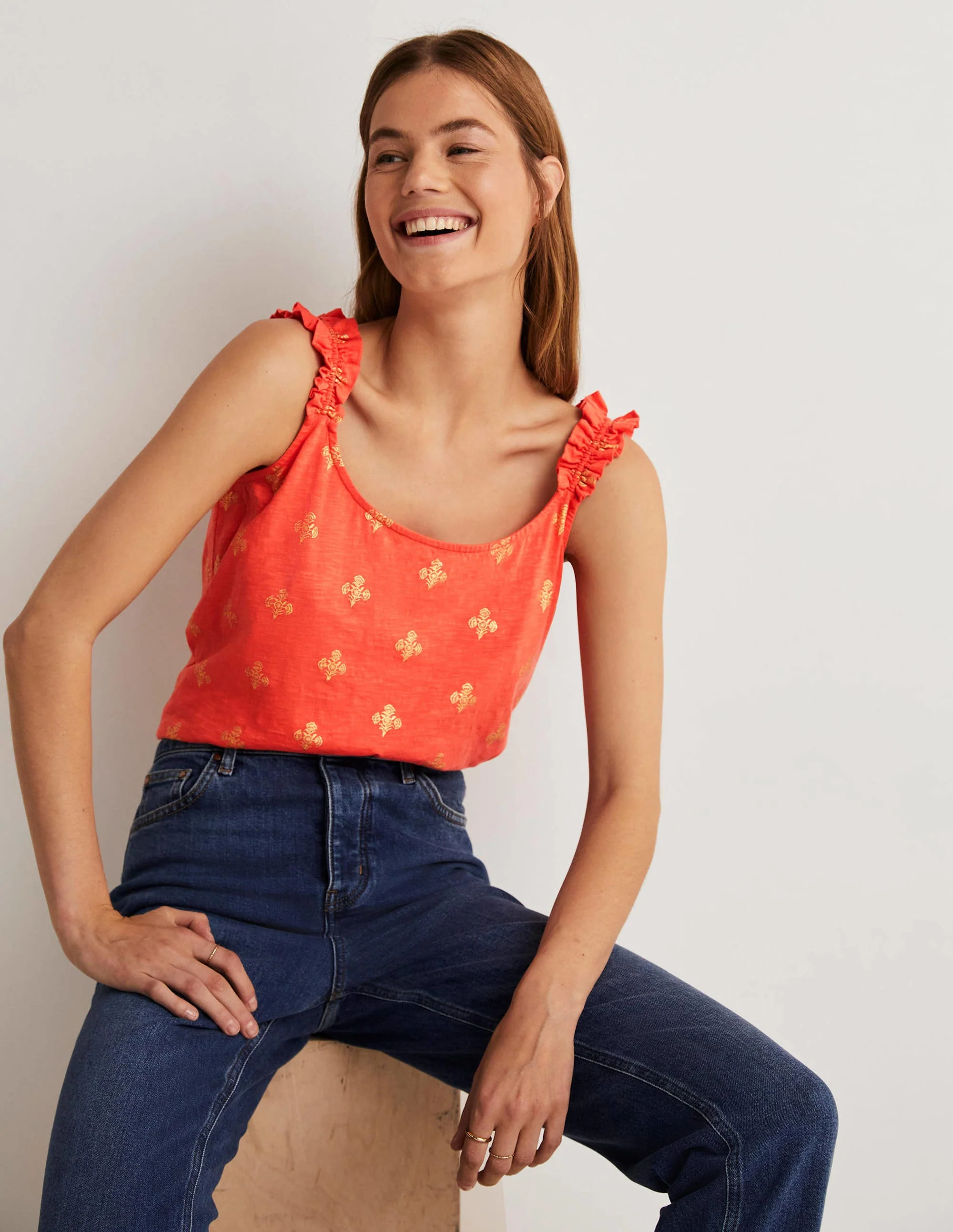 Frill Strap Jersey Top-Bright Papaya, Poppy Bloom - Image 5