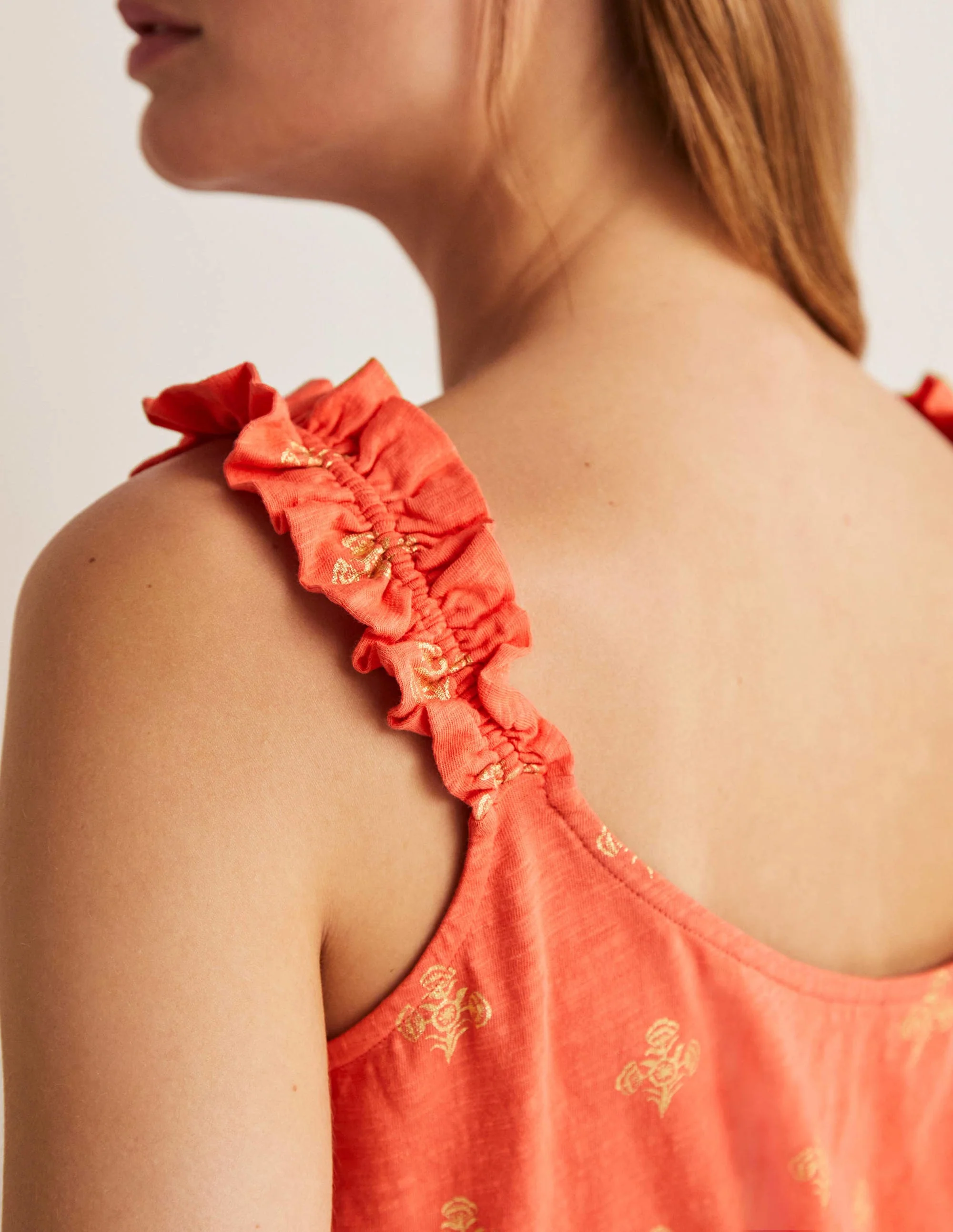 Frill Strap Jersey Top-Bright Papaya, Poppy Bloom - Image 6