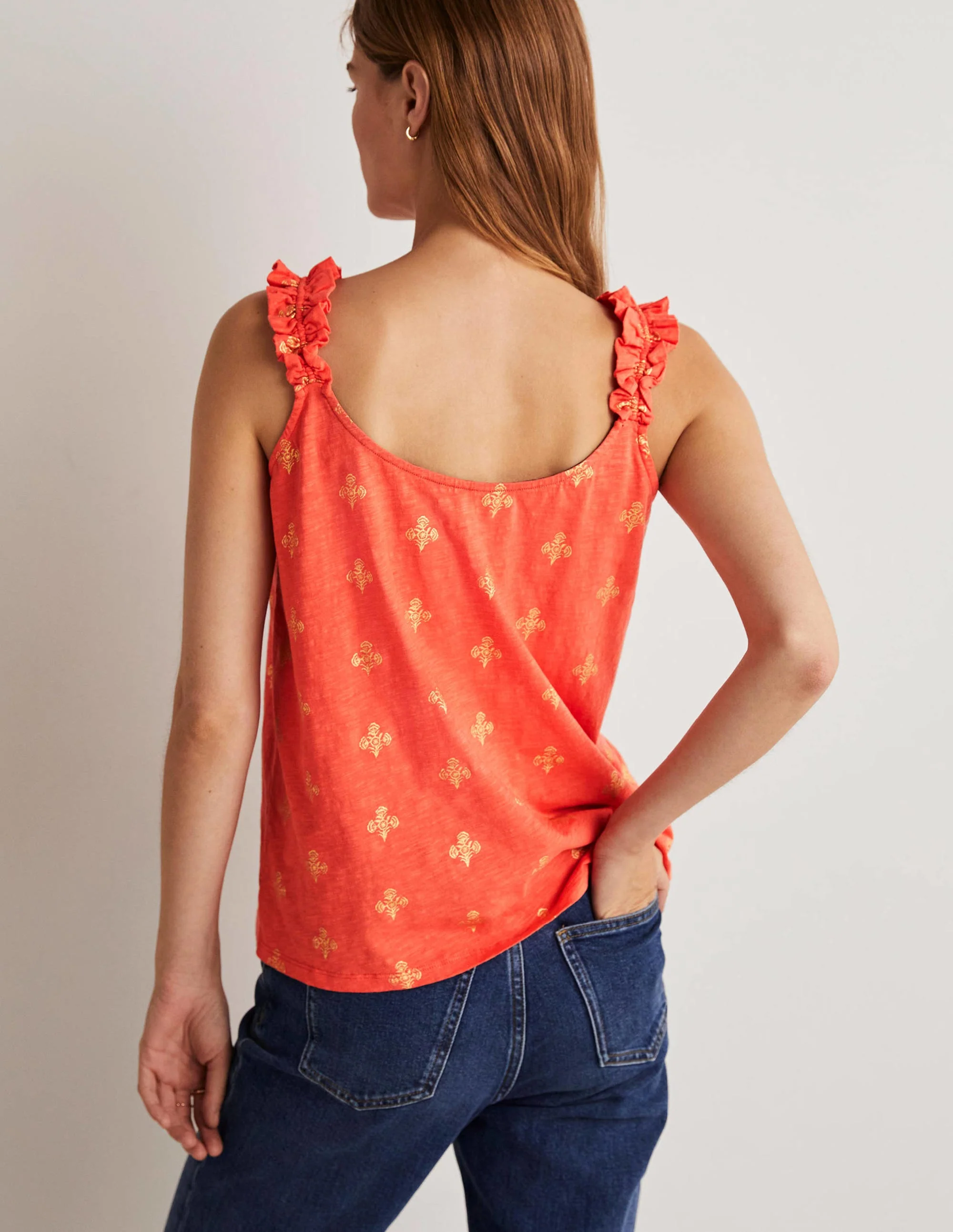 Frill Strap Jersey Top-Bright Papaya, Poppy Bloom - Image 7