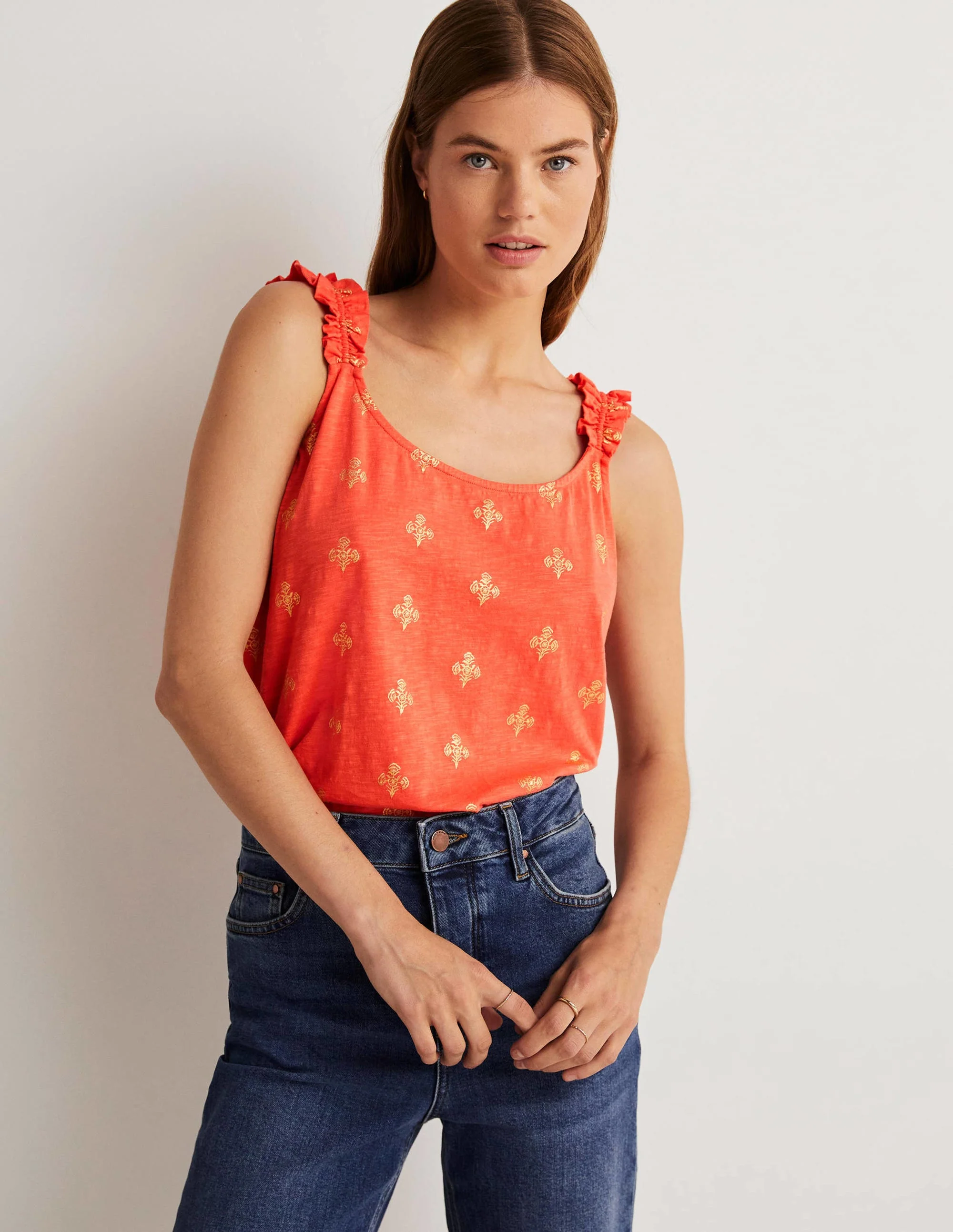Frill Strap Jersey Top-Bright Papaya, Poppy Bloom - Image 8
