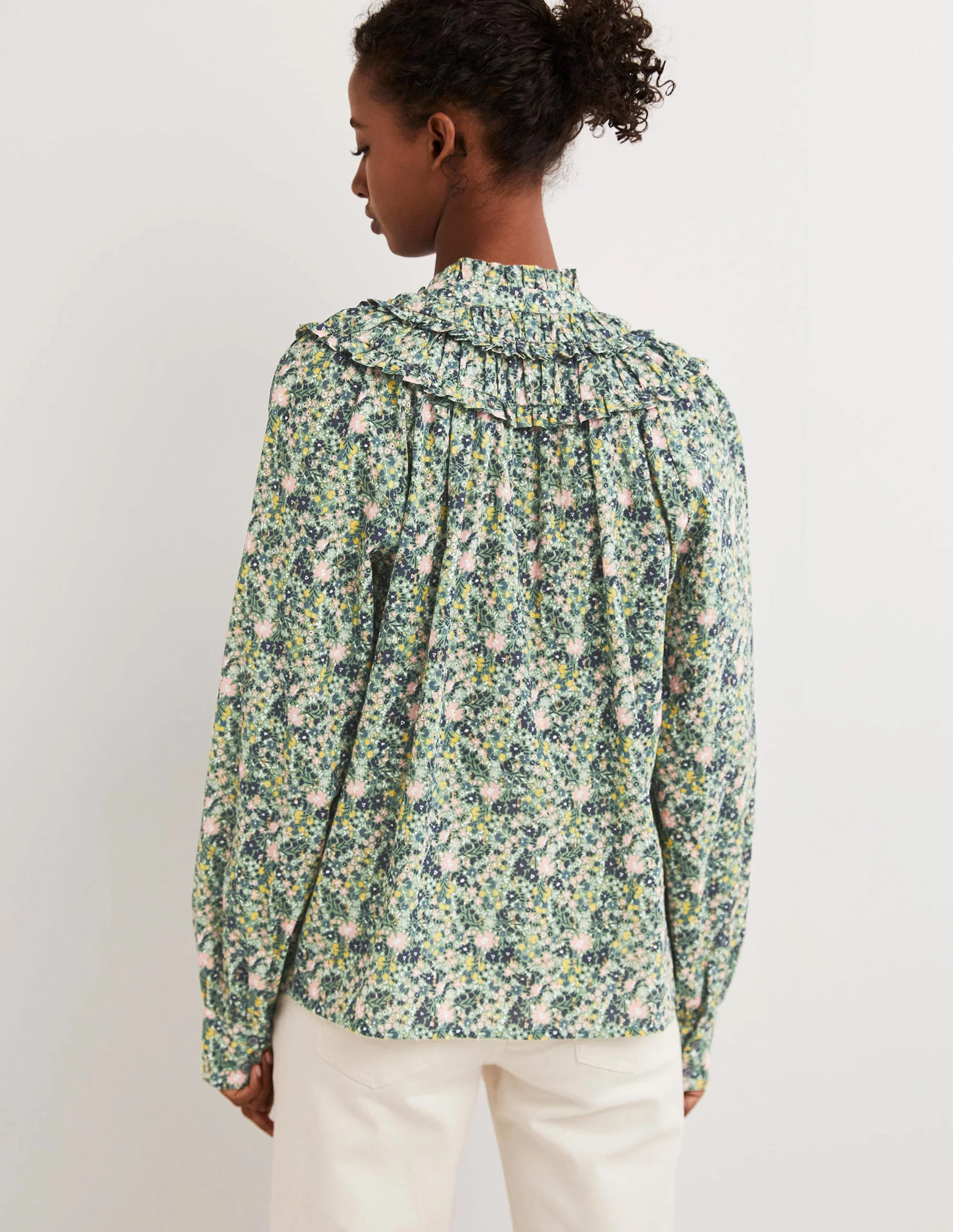 Frilled High Neck Shirt-Rosemary, Abstract Ditsy - Image 3