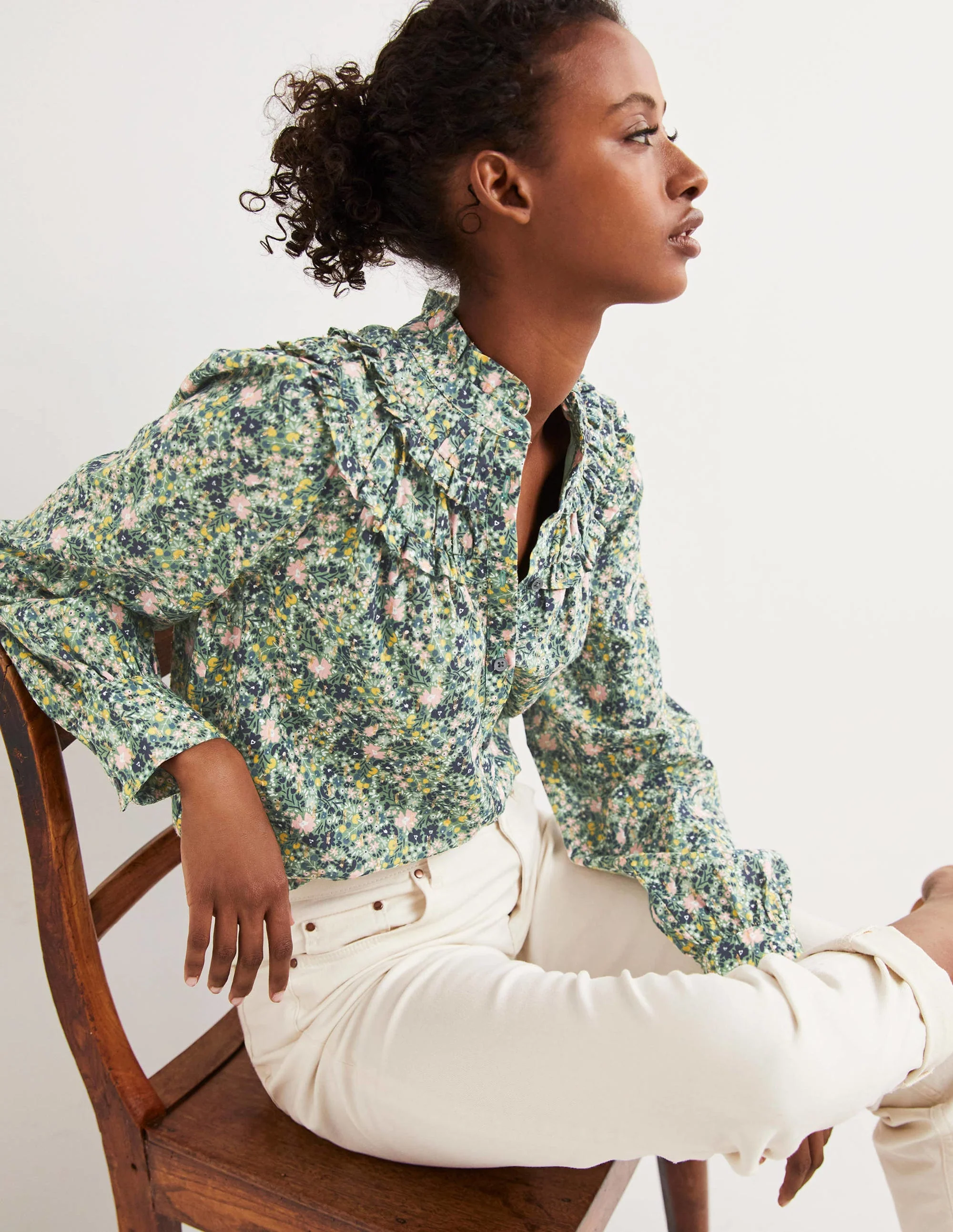 Frilled High Neck Shirt-Rosemary, Abstract Ditsy - Image 4