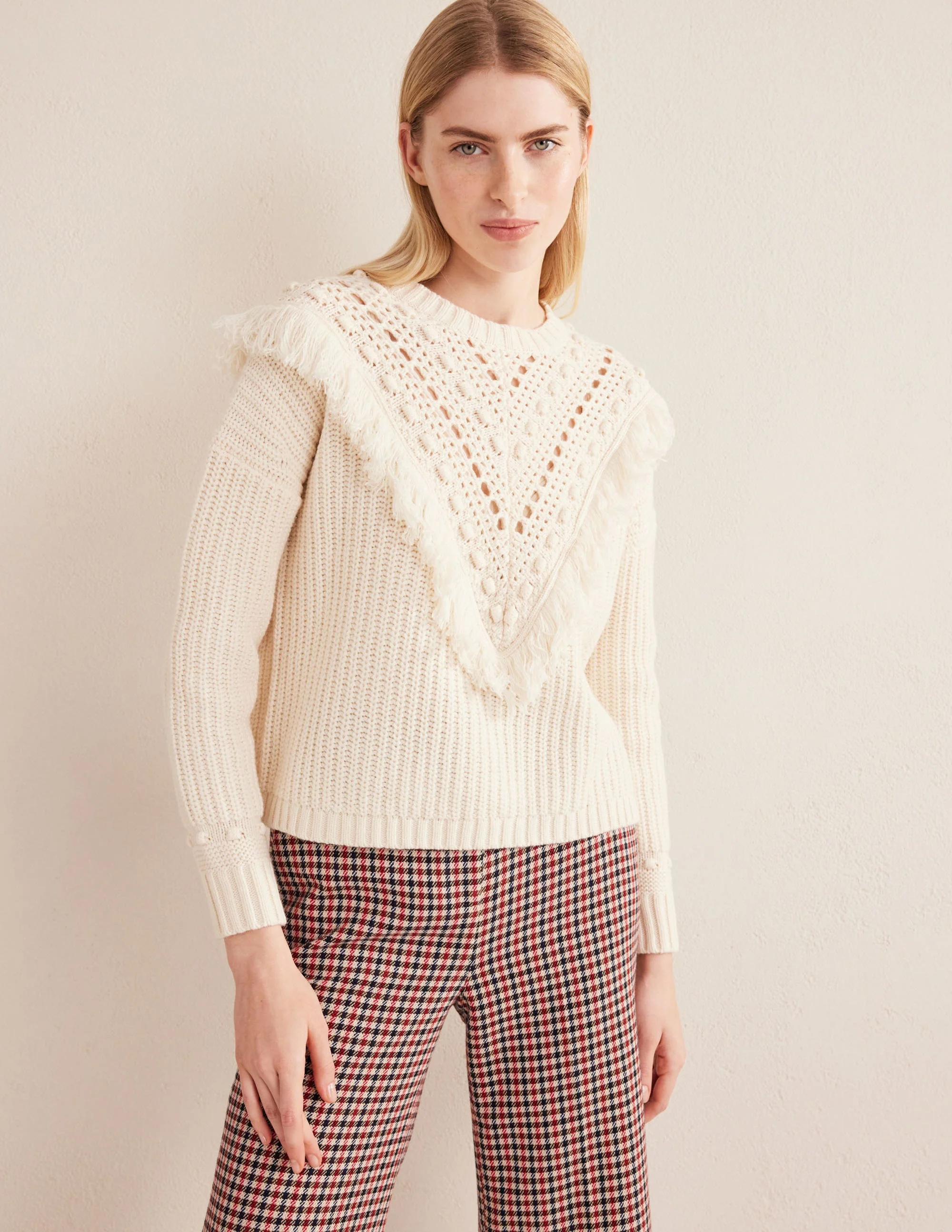 Fringe Detail Ribbed Sweater-Warm Ivory
