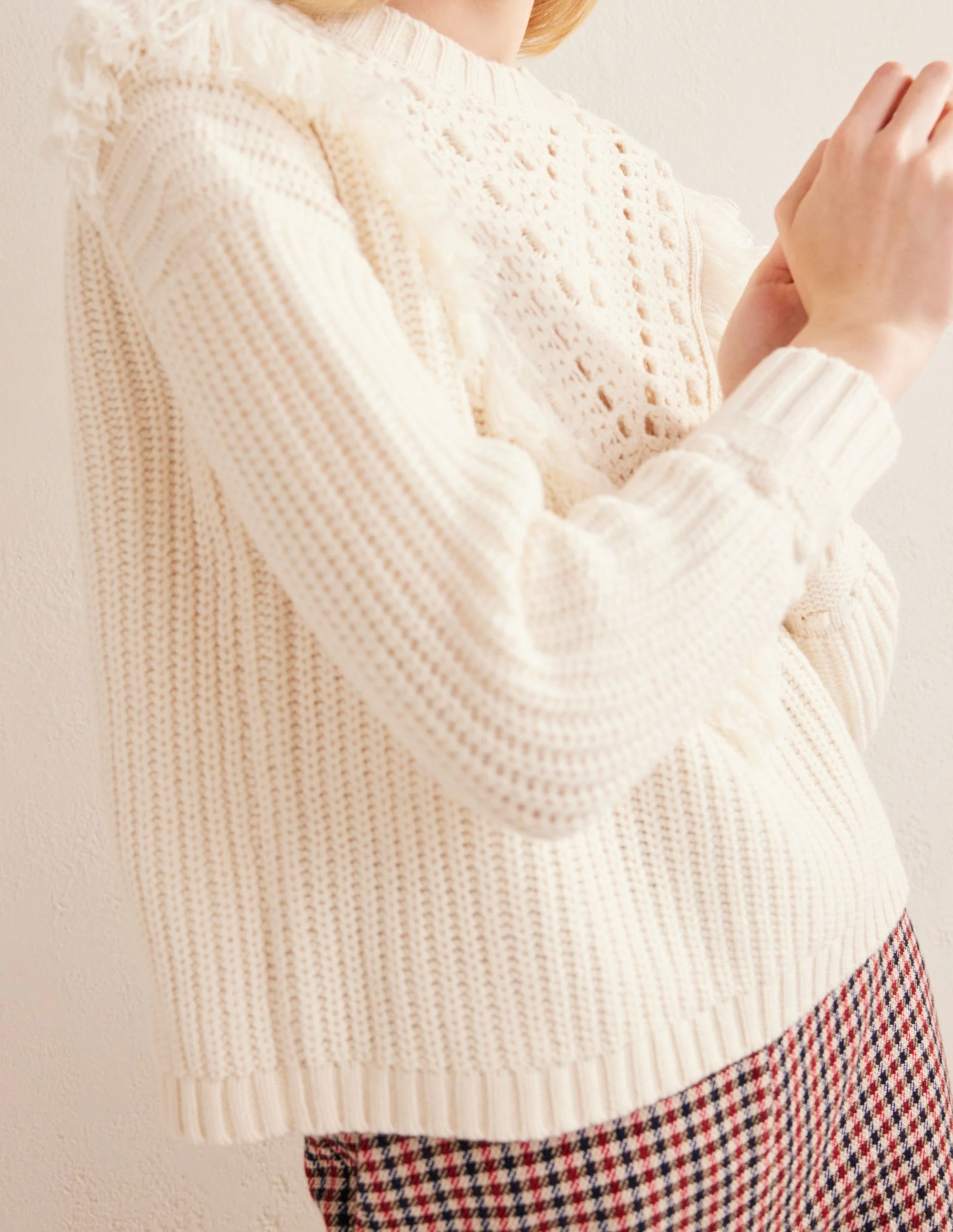 Fringe Detail Ribbed Sweater-Warm Ivory - Image 2
