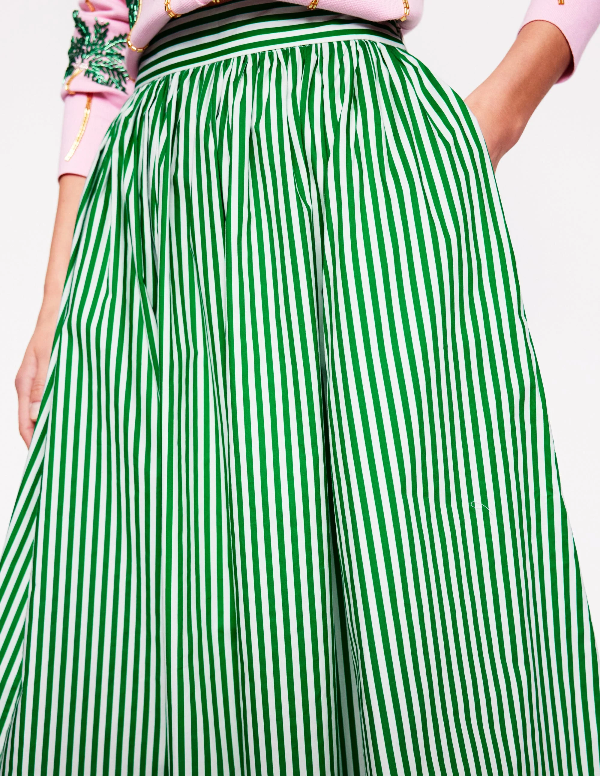 Full Poplin Maxi Skirt-Rich Emerald, Fine Stripe - Image 2