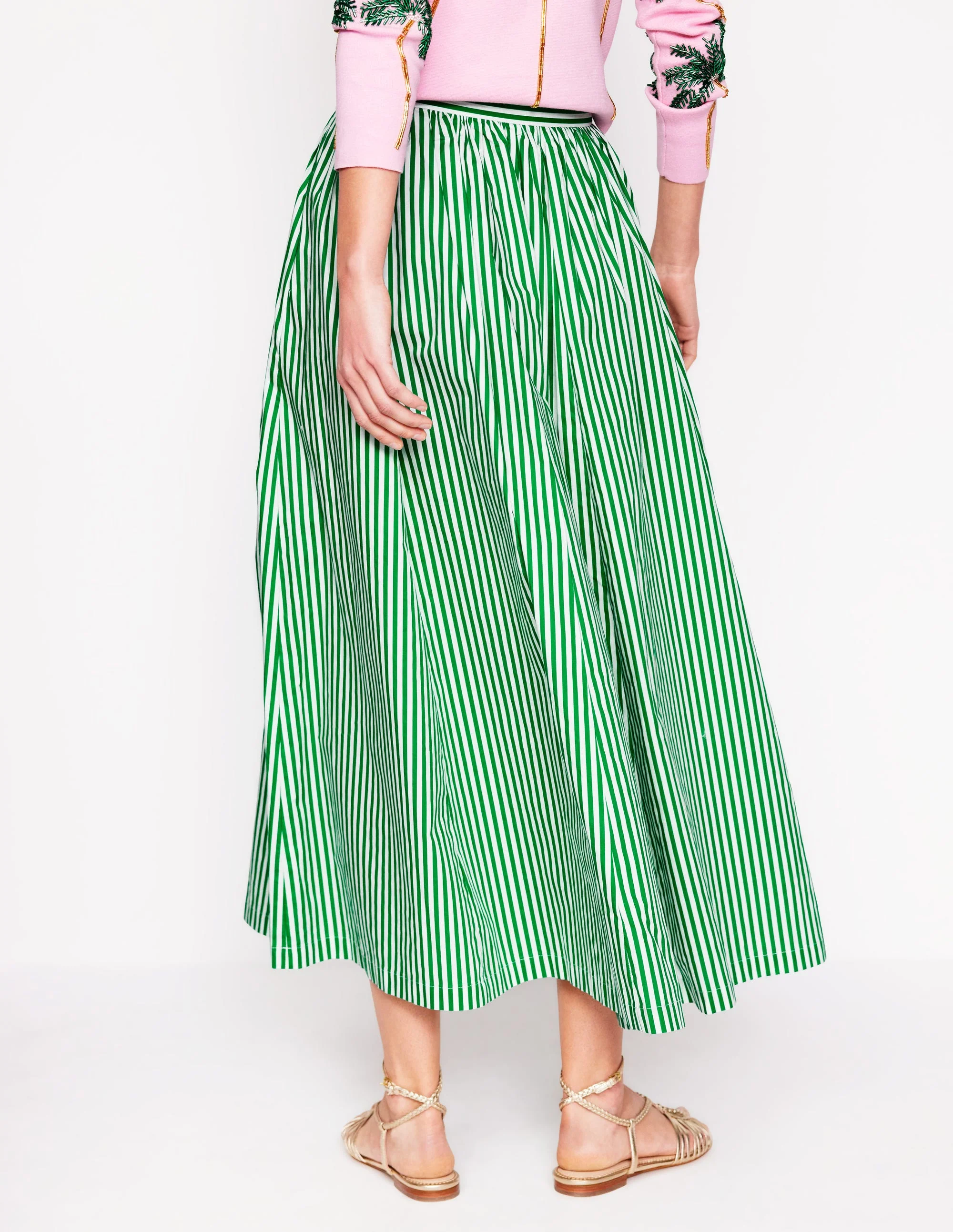 Full Poplin Maxi Skirt-Rich Emerald, Fine Stripe - Image 4