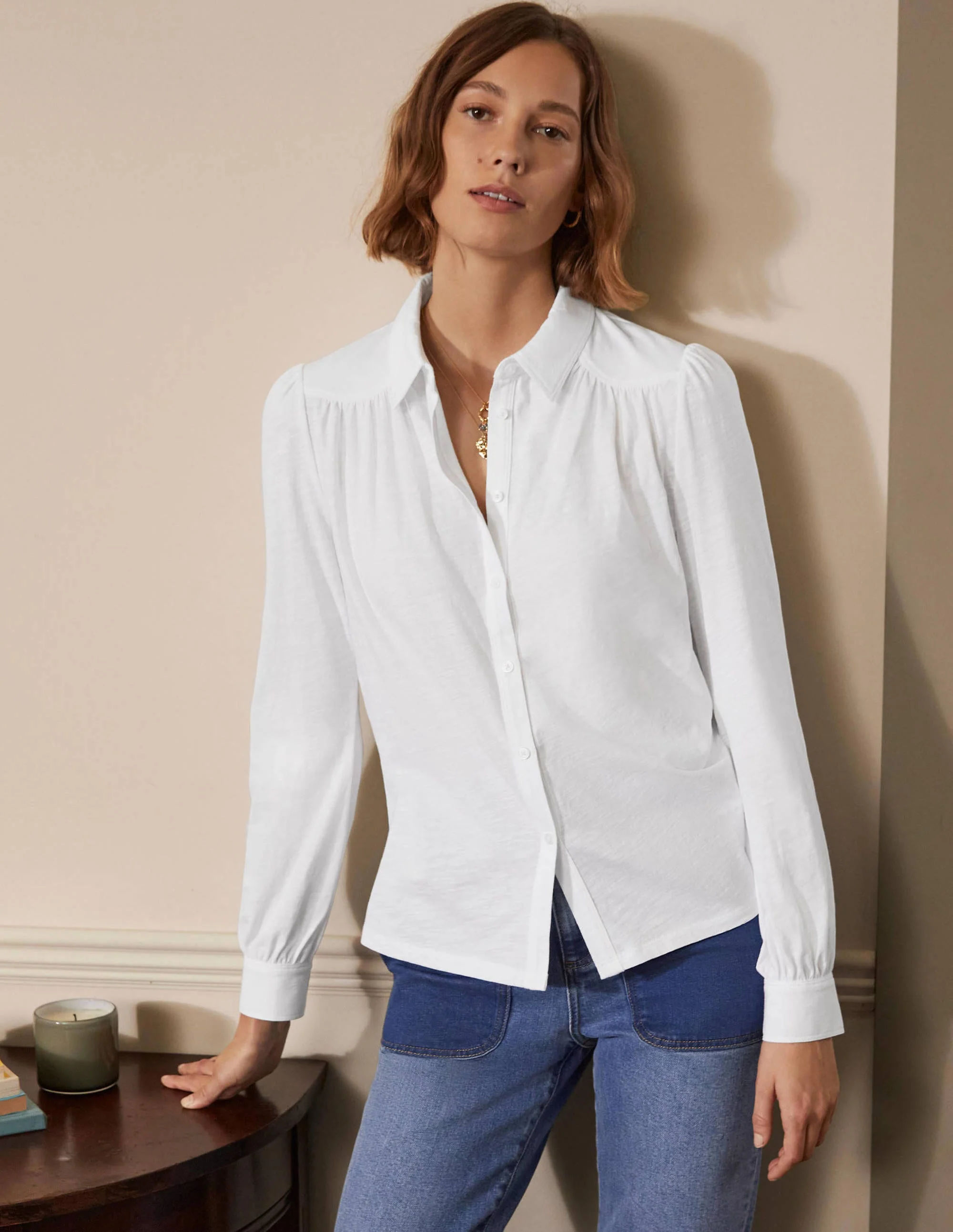 Gathered Detail Jersey Shirt-White - Image 3