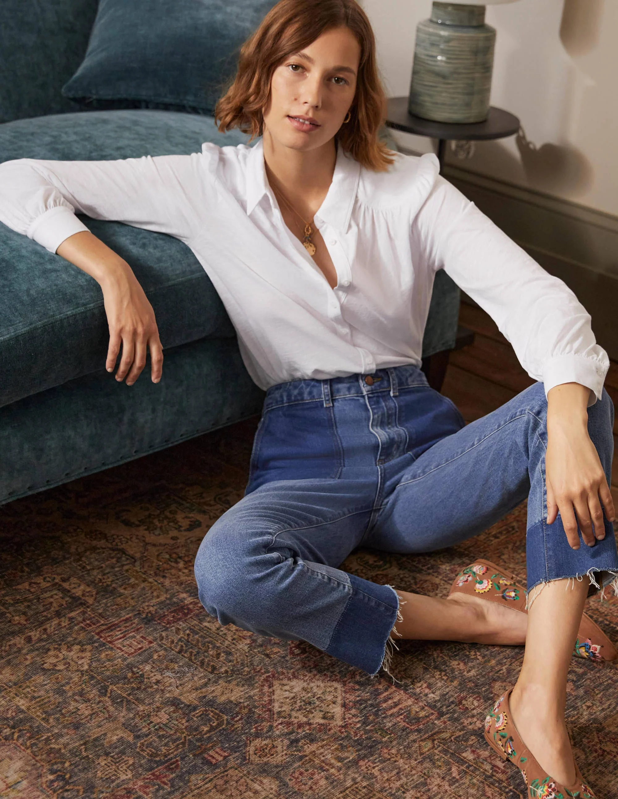 Gathered Detail Jersey Shirt-White - Image 4