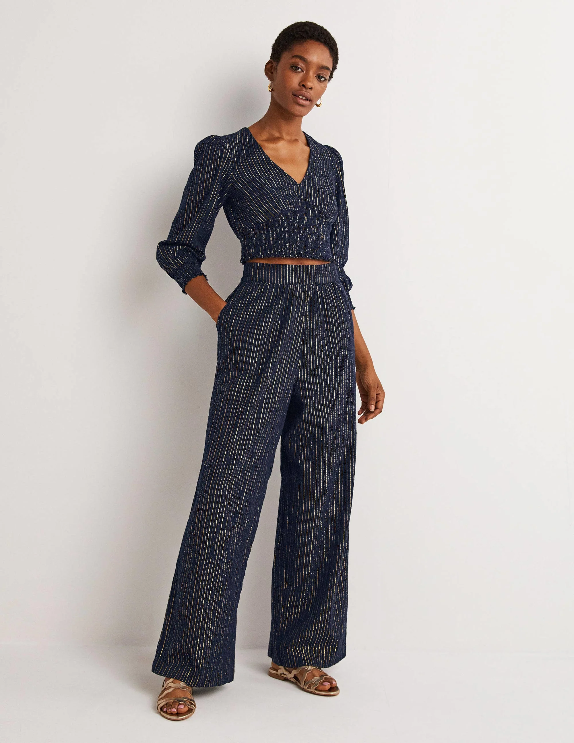 Grace Crinkle Wide Leg Pants-Navy Crinkle Lurex