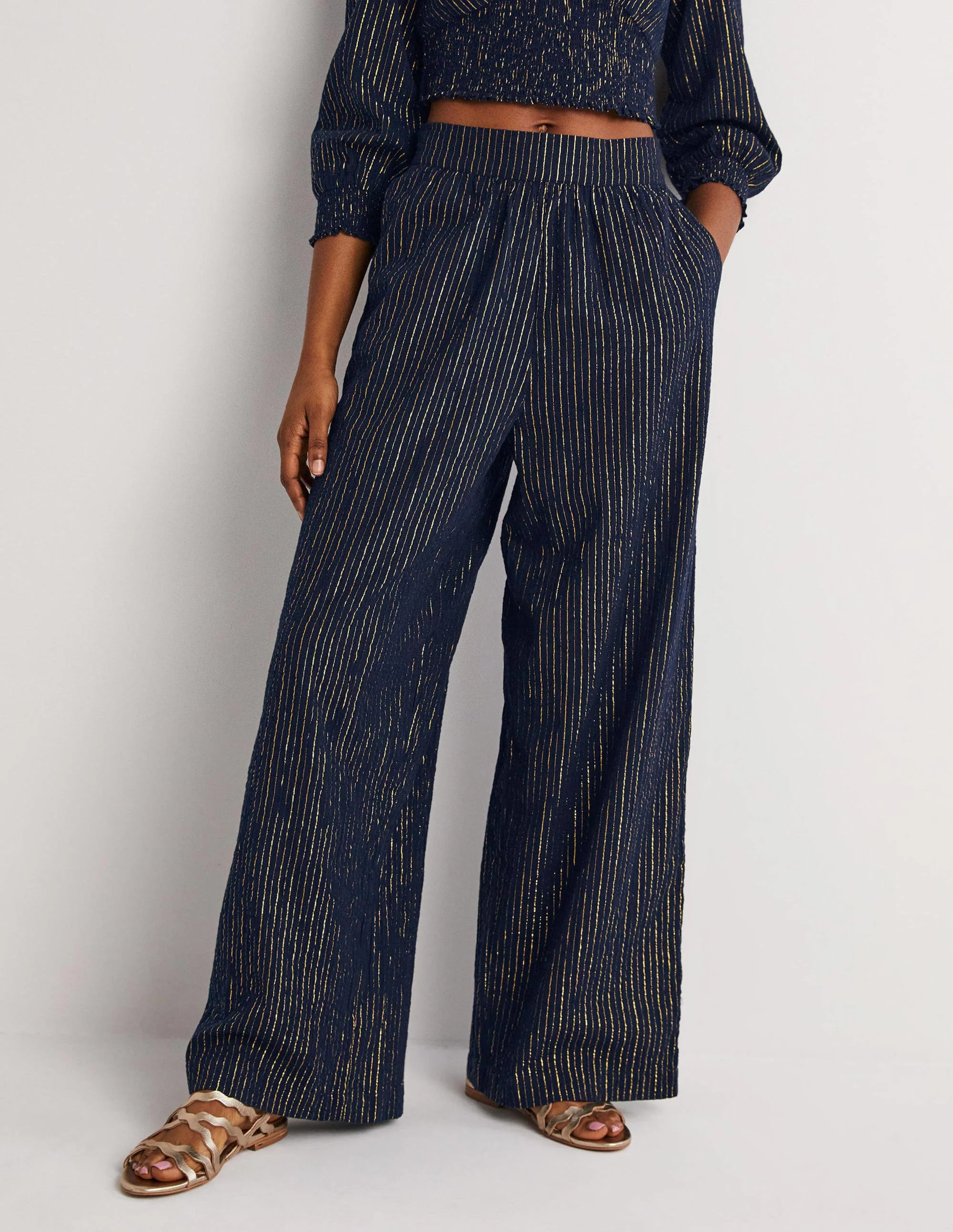 Grace Crinkle Wide Leg Pants-Navy Crinkle Lurex - Image 4