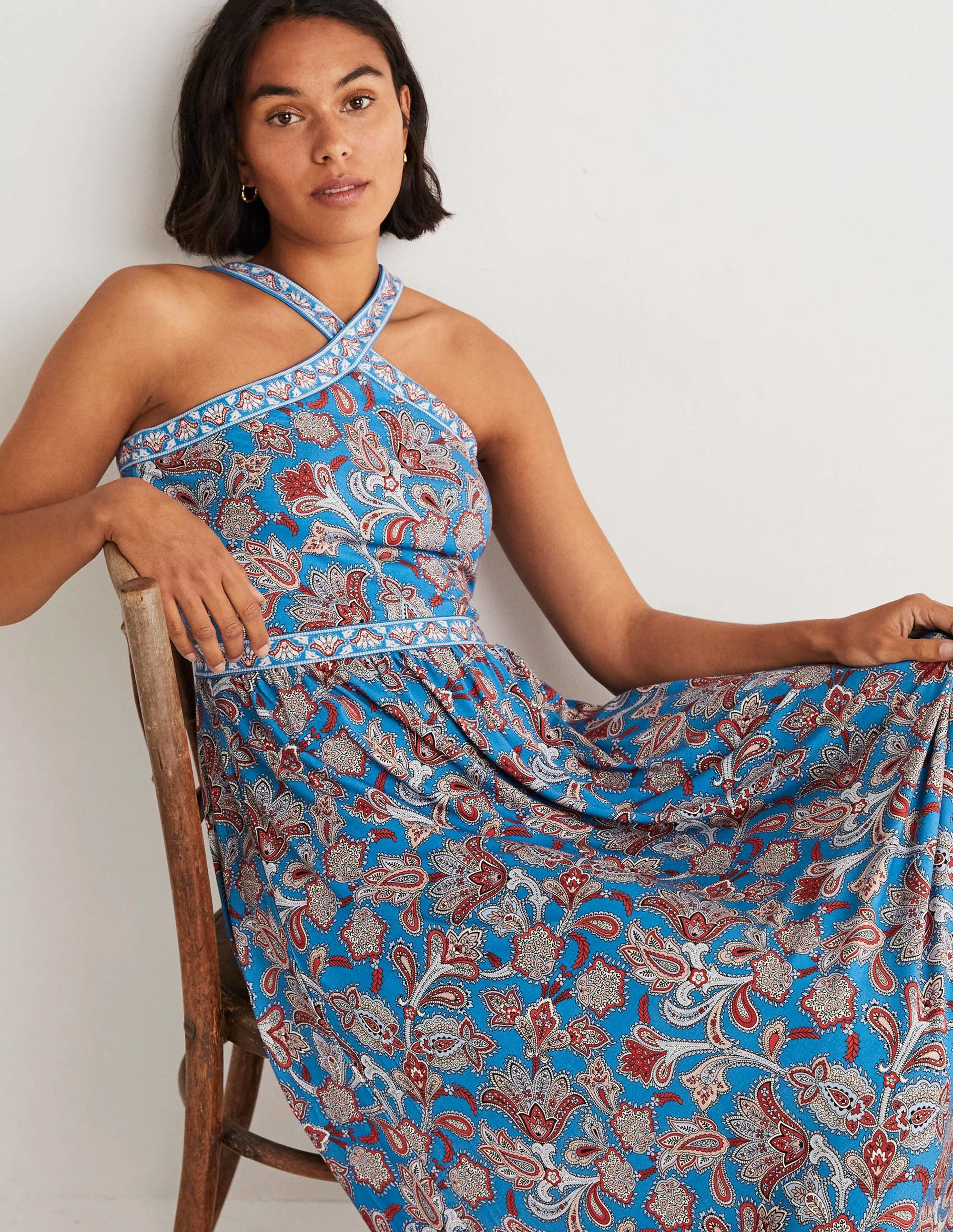 Halterneck Jersey Maxi Dress-Mosaic Blue, Paisley Bud - Image 4
