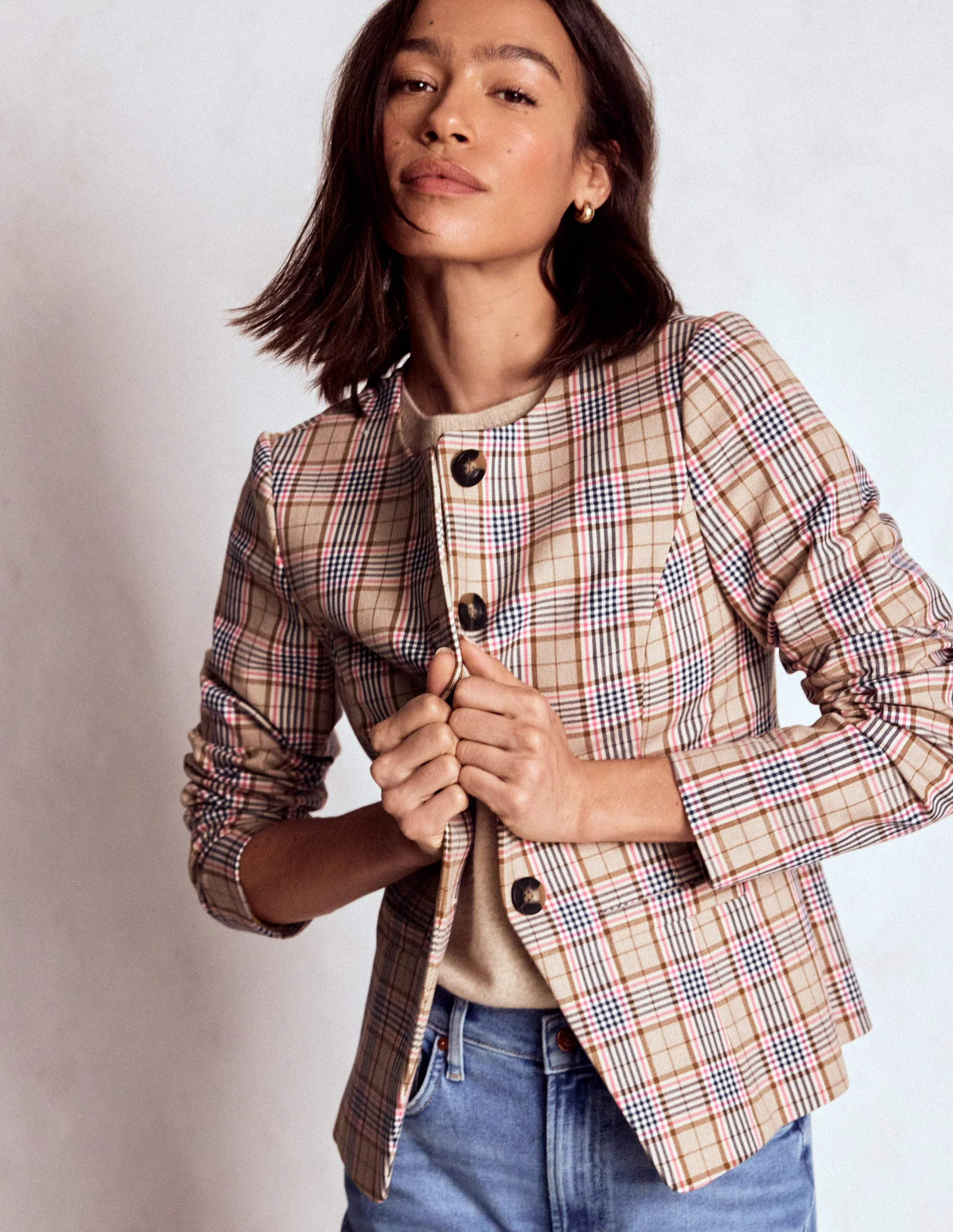 Hampstead Linen Blazer-Brown, Pink & Navy  Check - Image 5