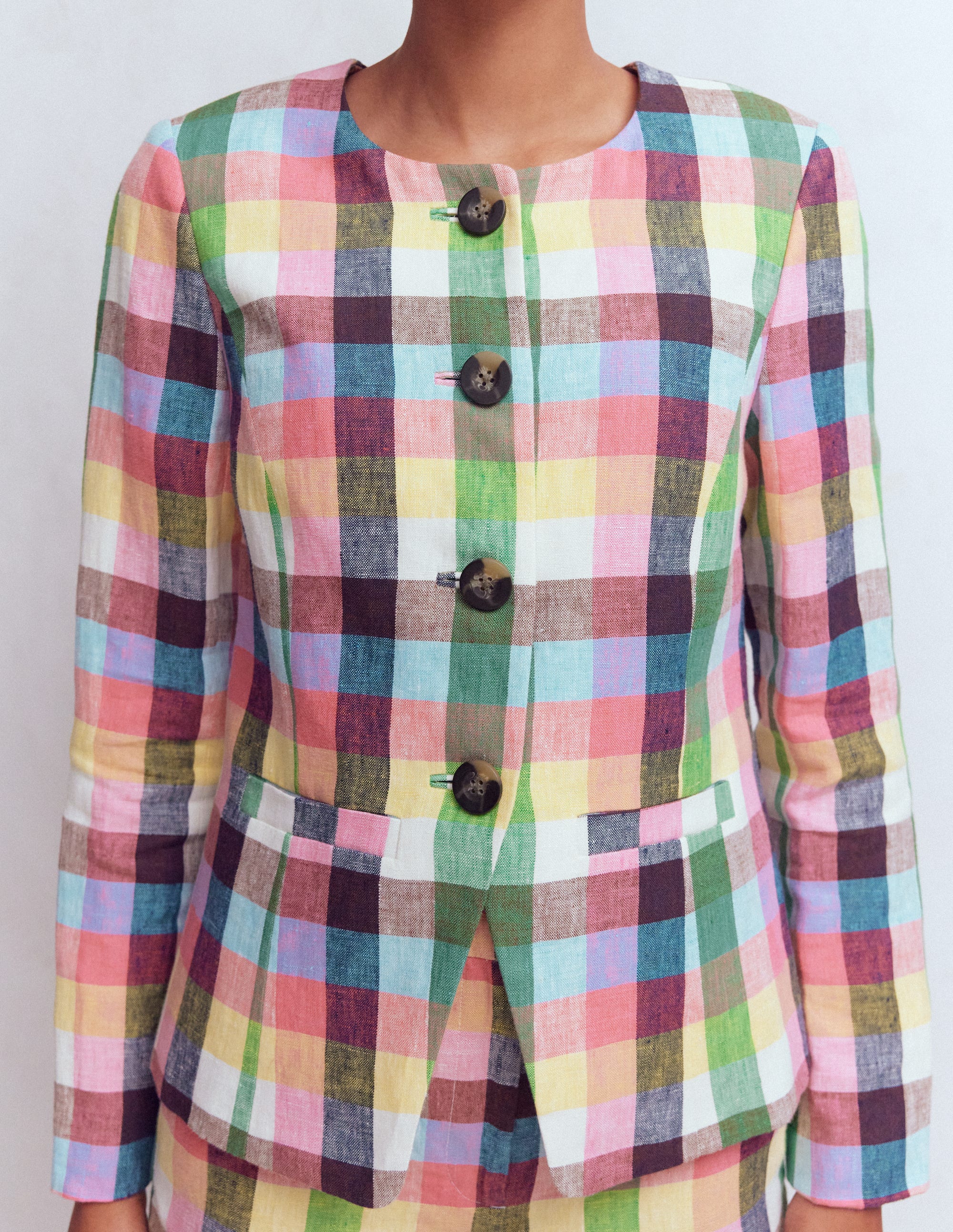 Hampstead Linen Blazer-Soft Yellow, Pink Multigingham - Image 2
