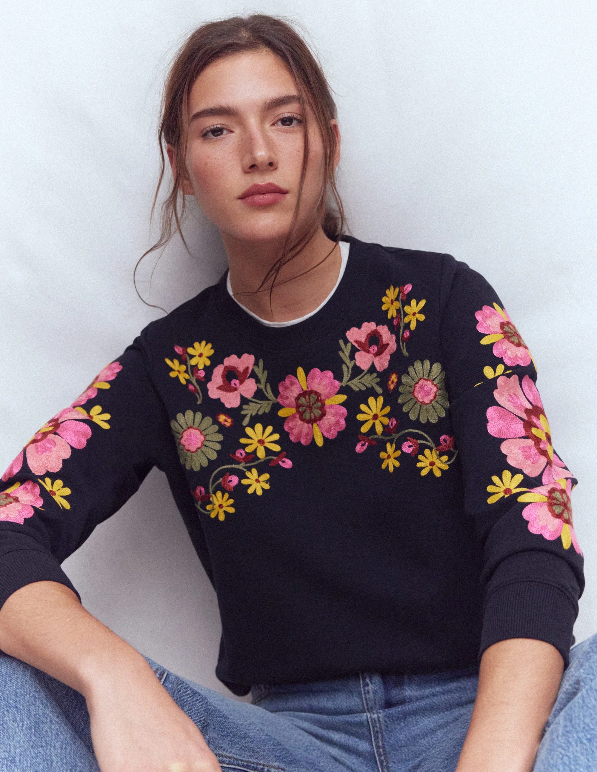 Hannah Embroidered Sweatshirt-Navy Multi Embroidery