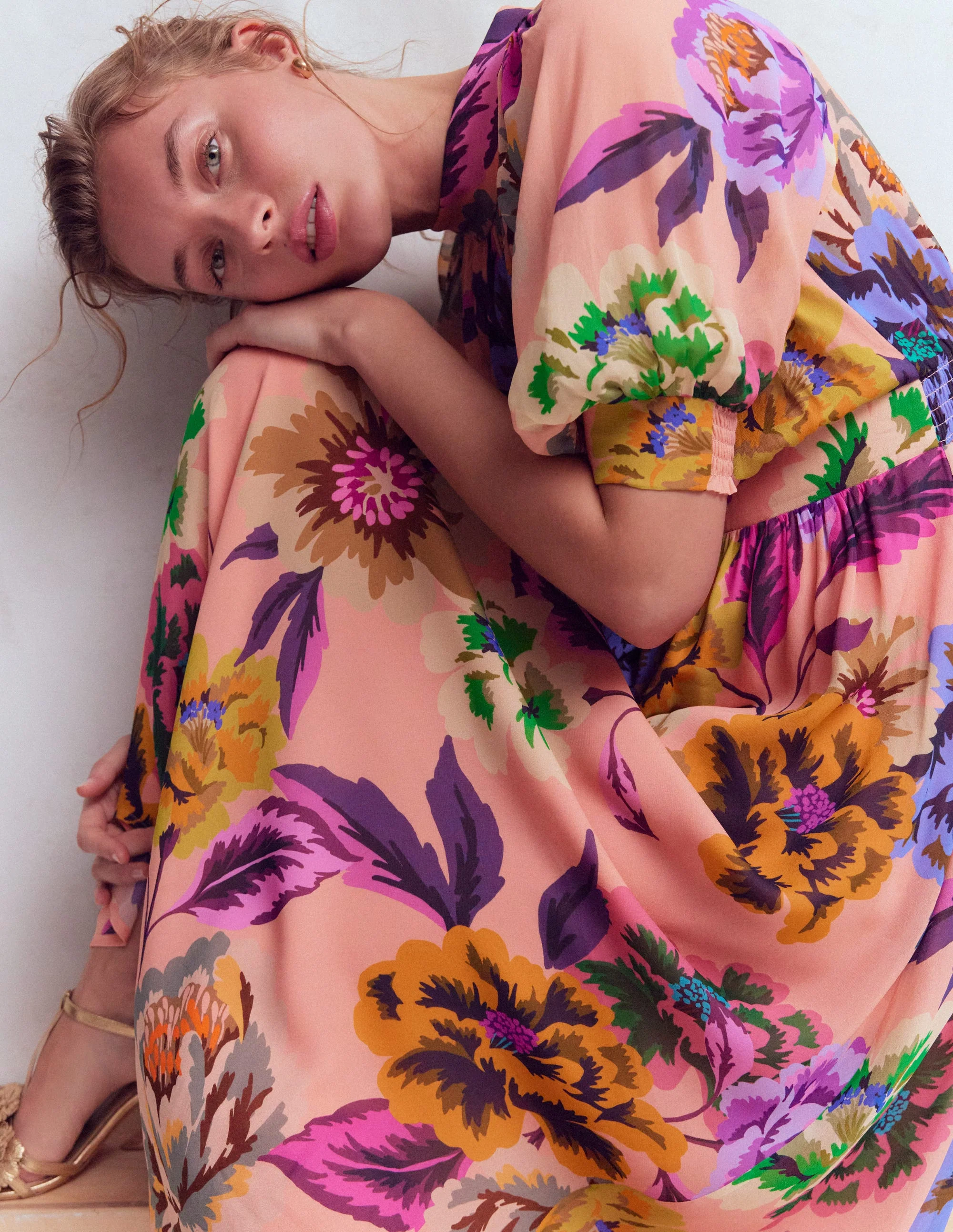 High Neck Blouson Sleeve Dress-Multi Opulent Blossom