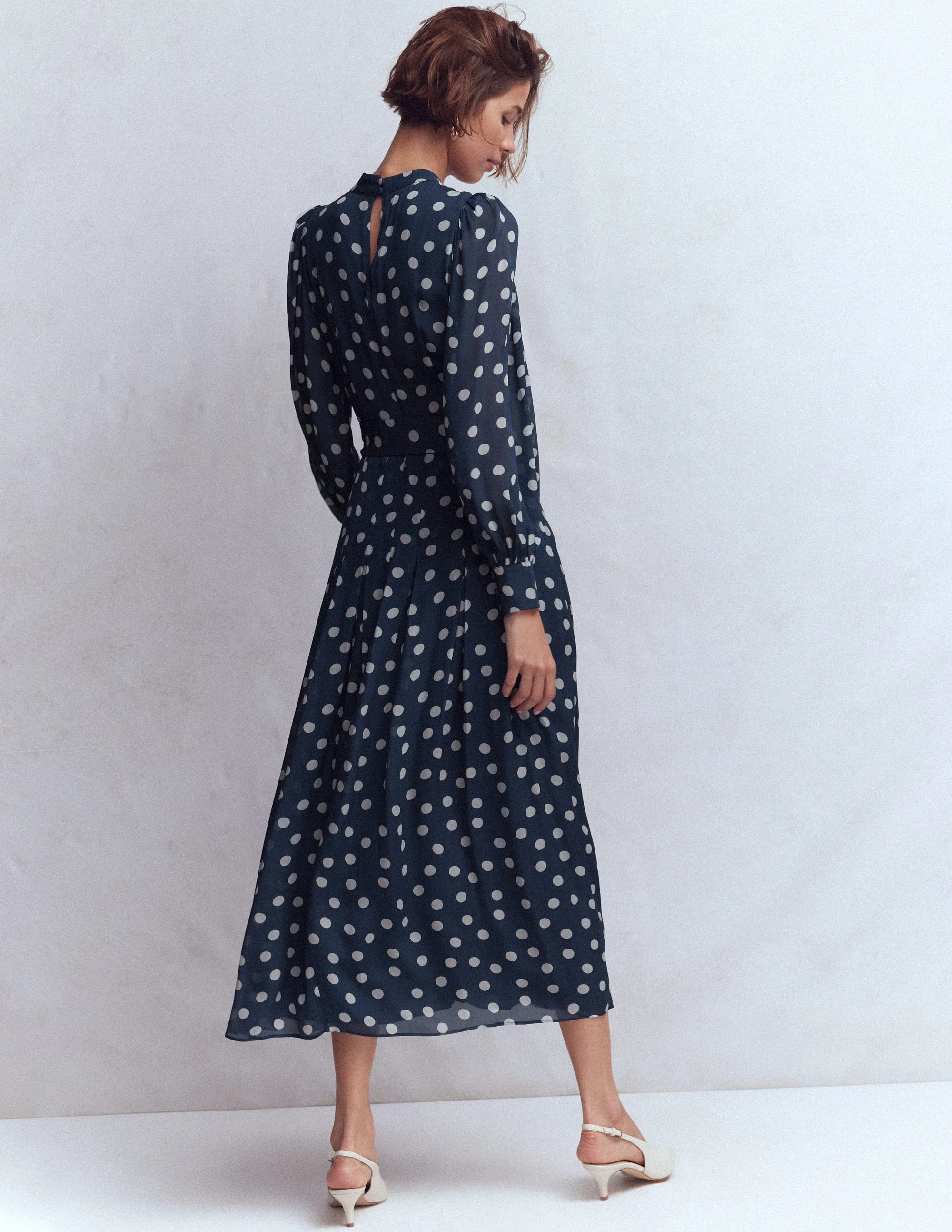 High Neck Occasion Dress-French Navy, Painted Dot - Image 3