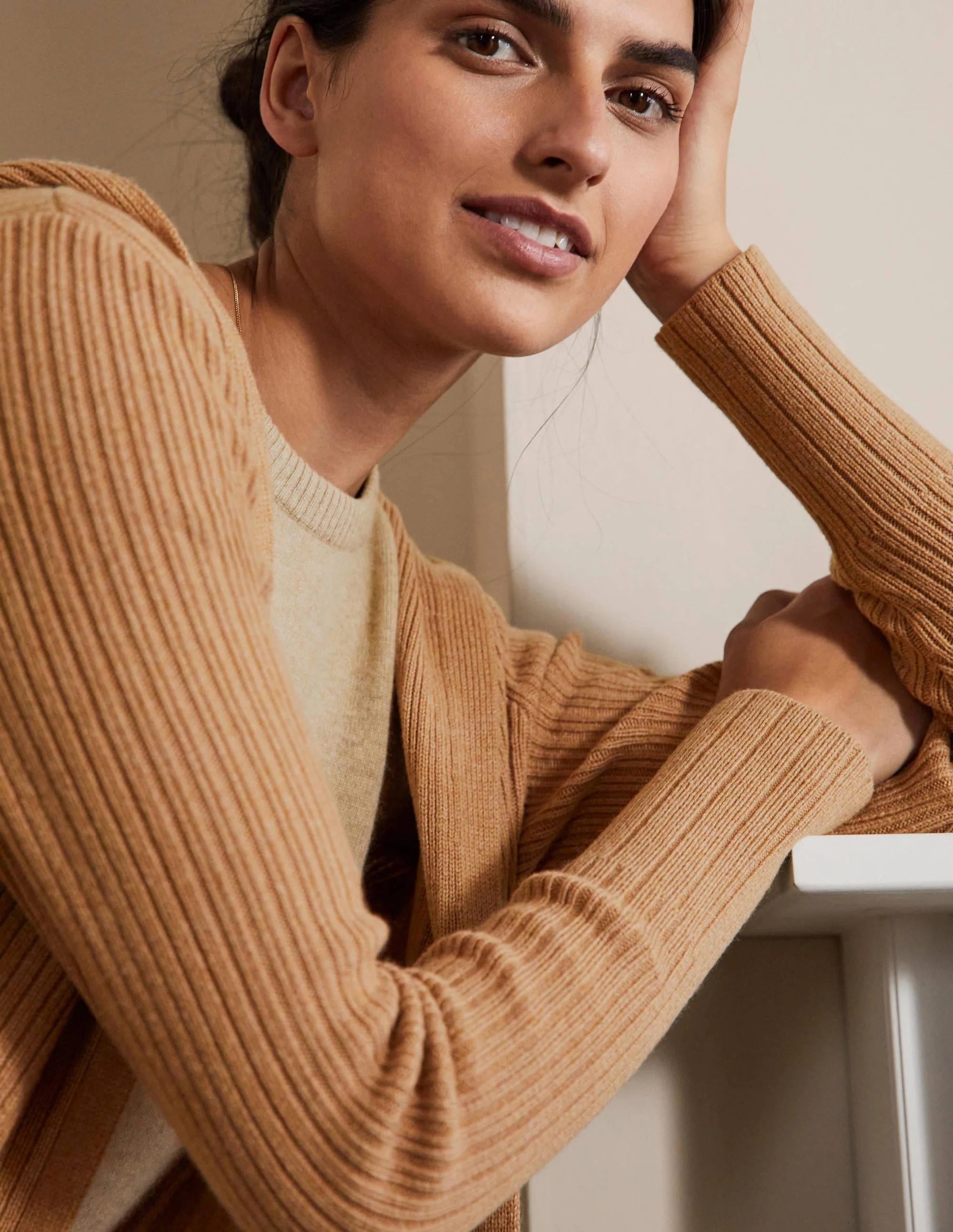 Hooded Relaxed Cardigan-Camel Melange - Image 2