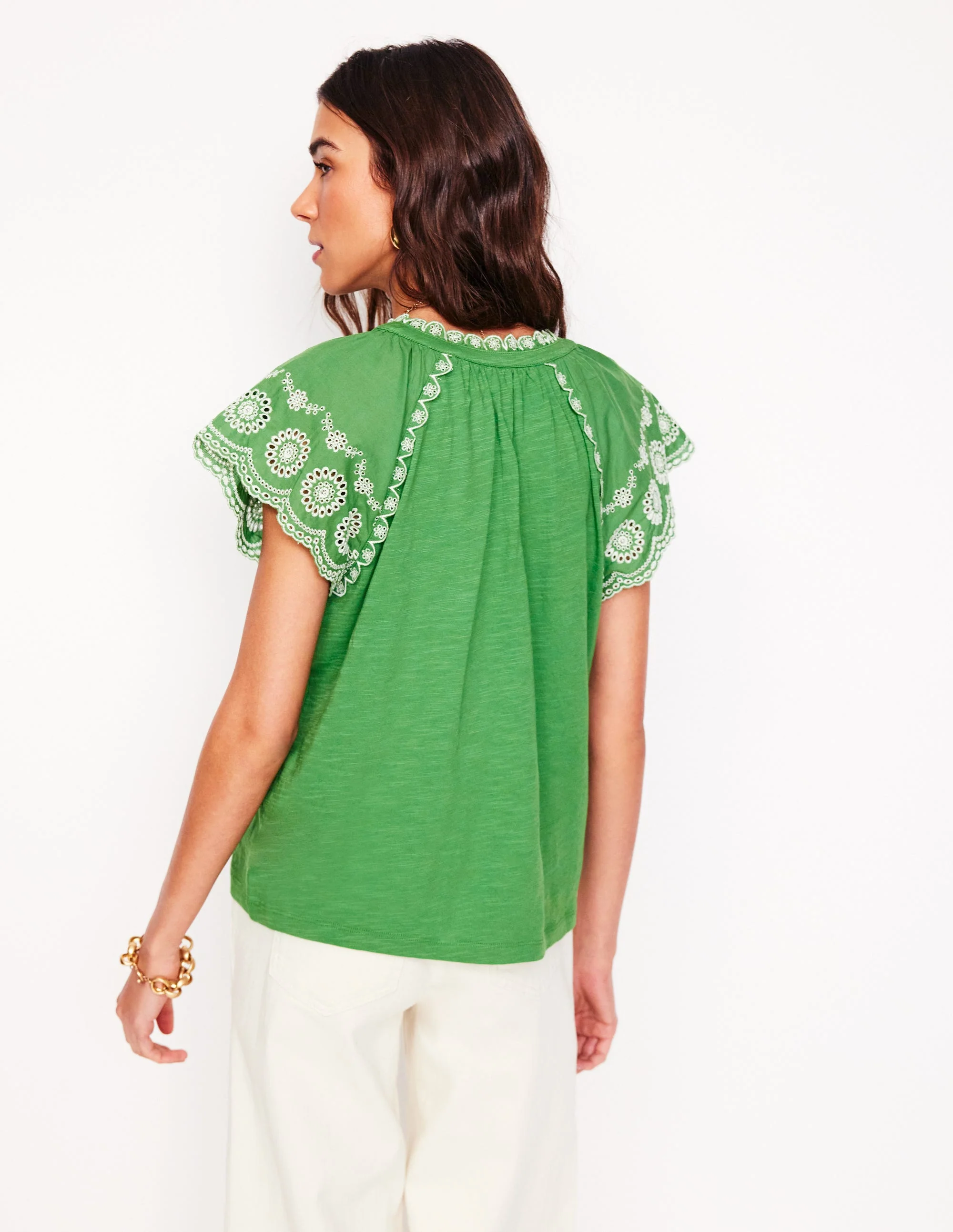 Ila Broderie Sleeve Notch Top-Paradise Green - Image 3
