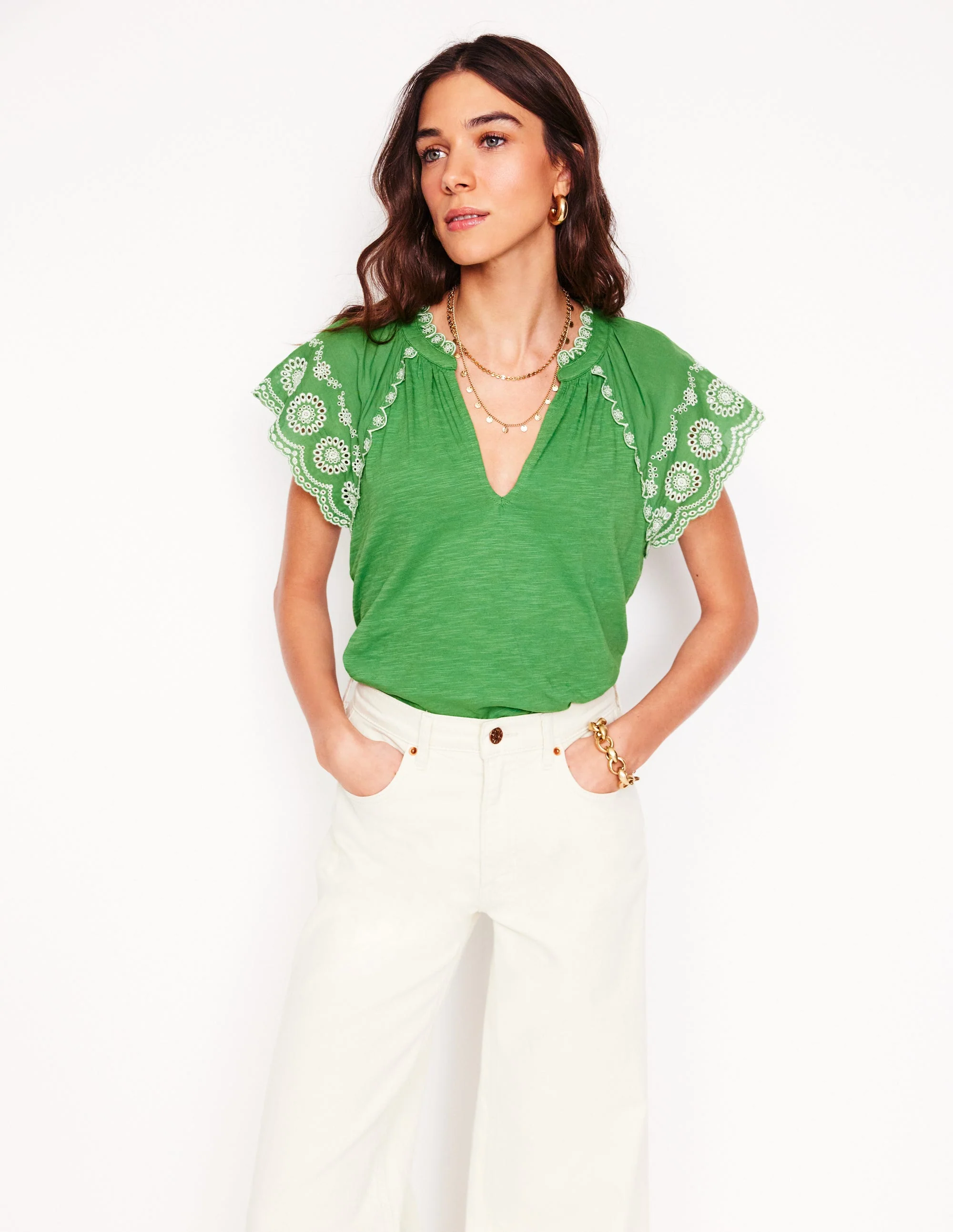 Ila Broderie Sleeve Notch Top-Paradise Green - Image 4