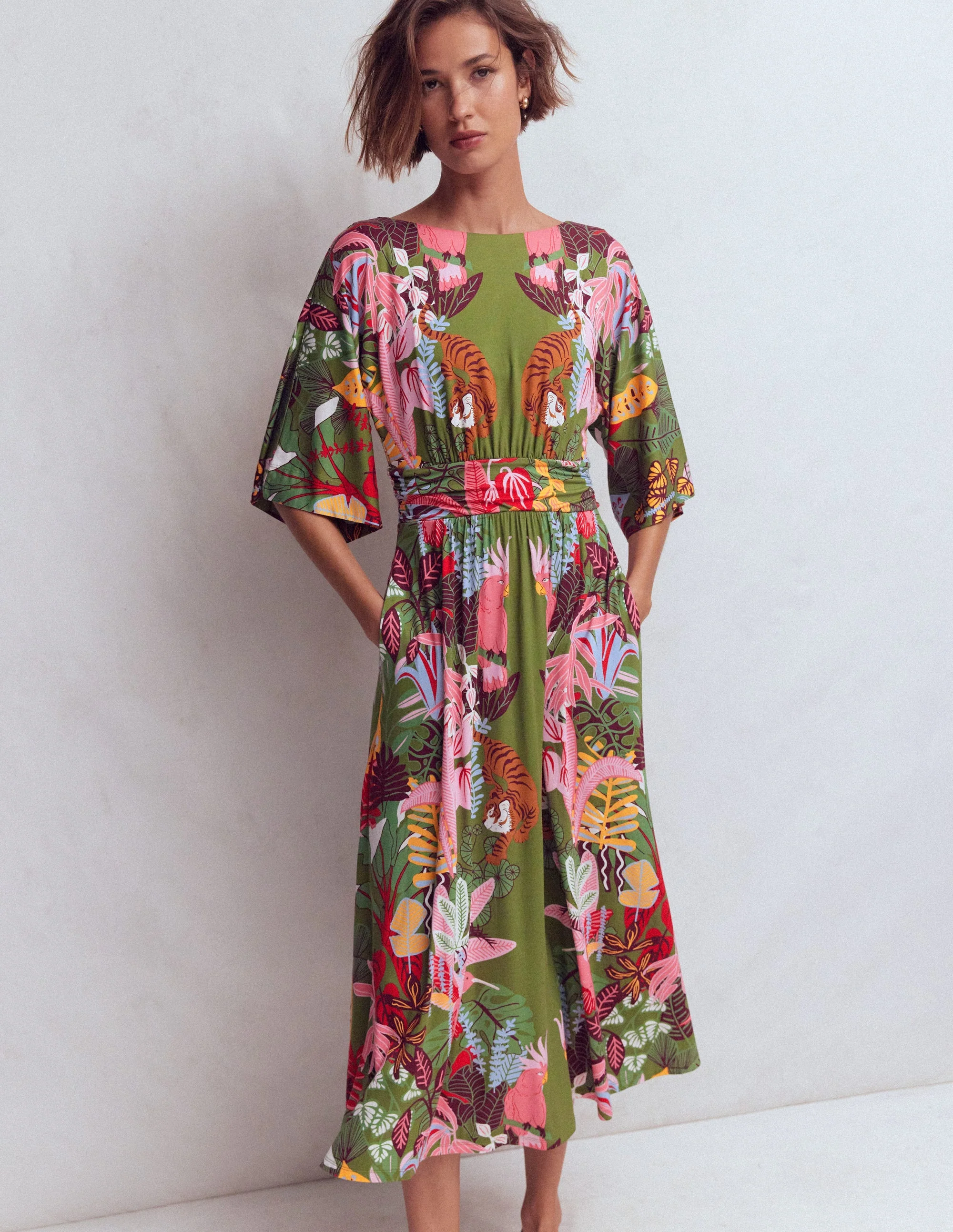 Imelda Kimono Jersey Dress-Olive, Tropical Safari - Image 2