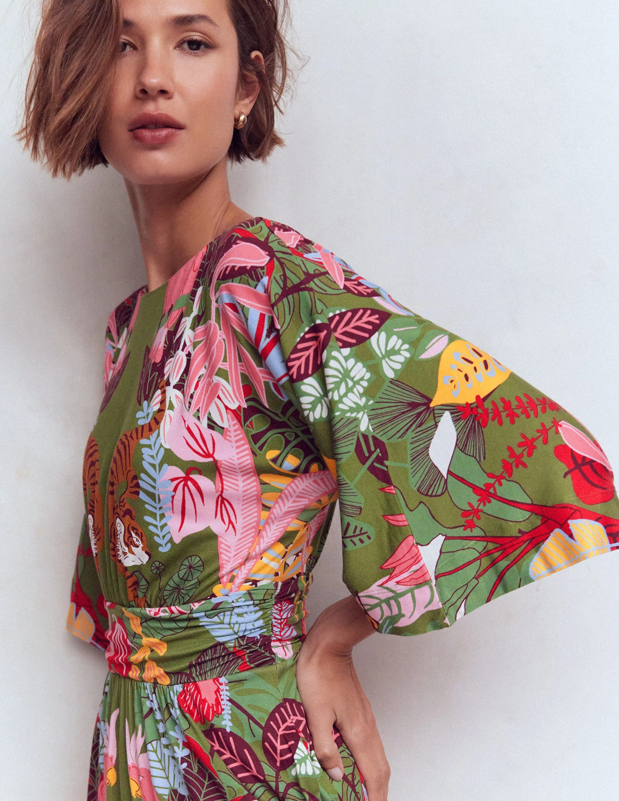 Imelda Kimono Jersey Dress-Olive, Tropical Safari - Image 3