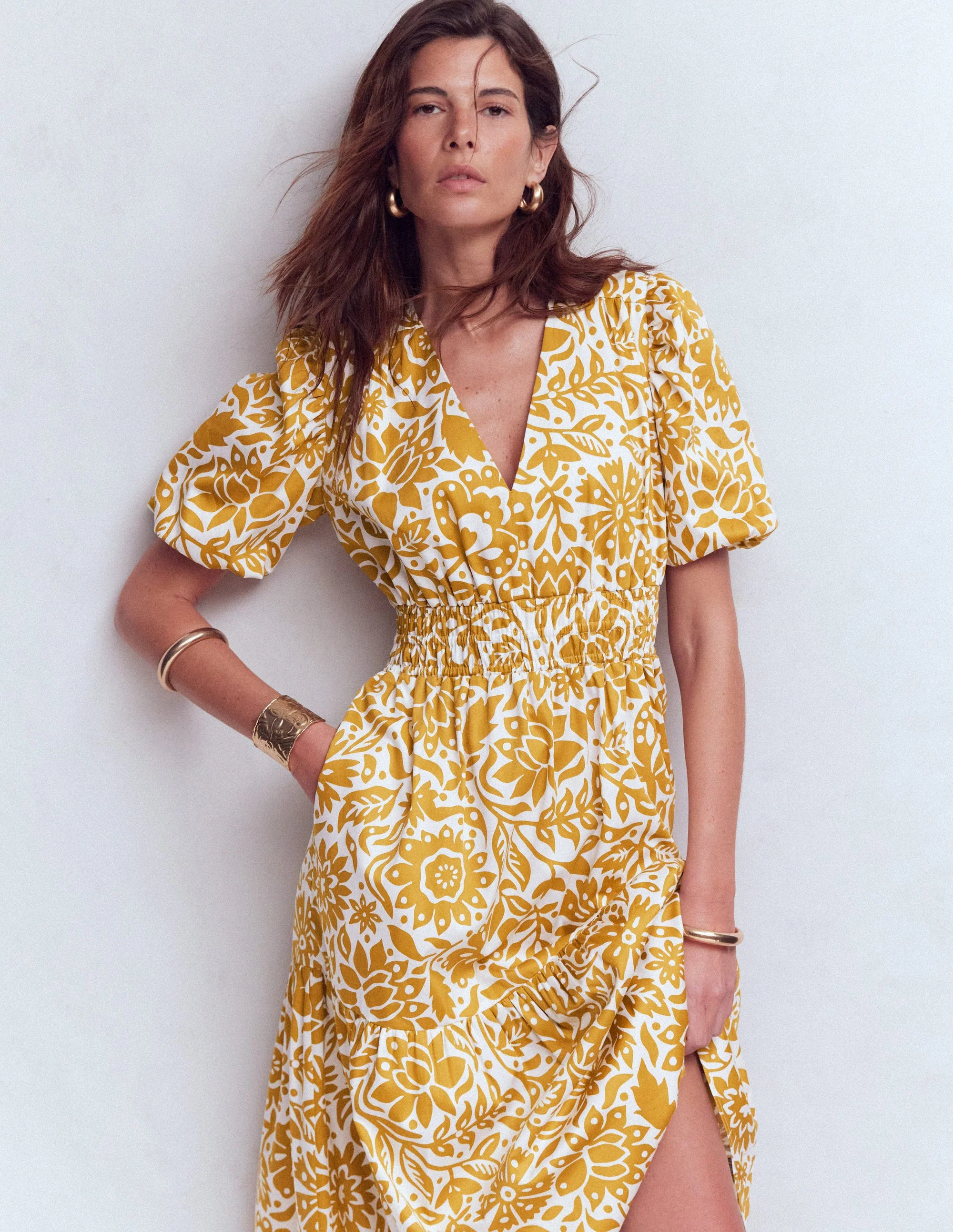 Irene Puff Sleeve Cotton Dress-Gold Wheat, Meadow Scatter - Image 5