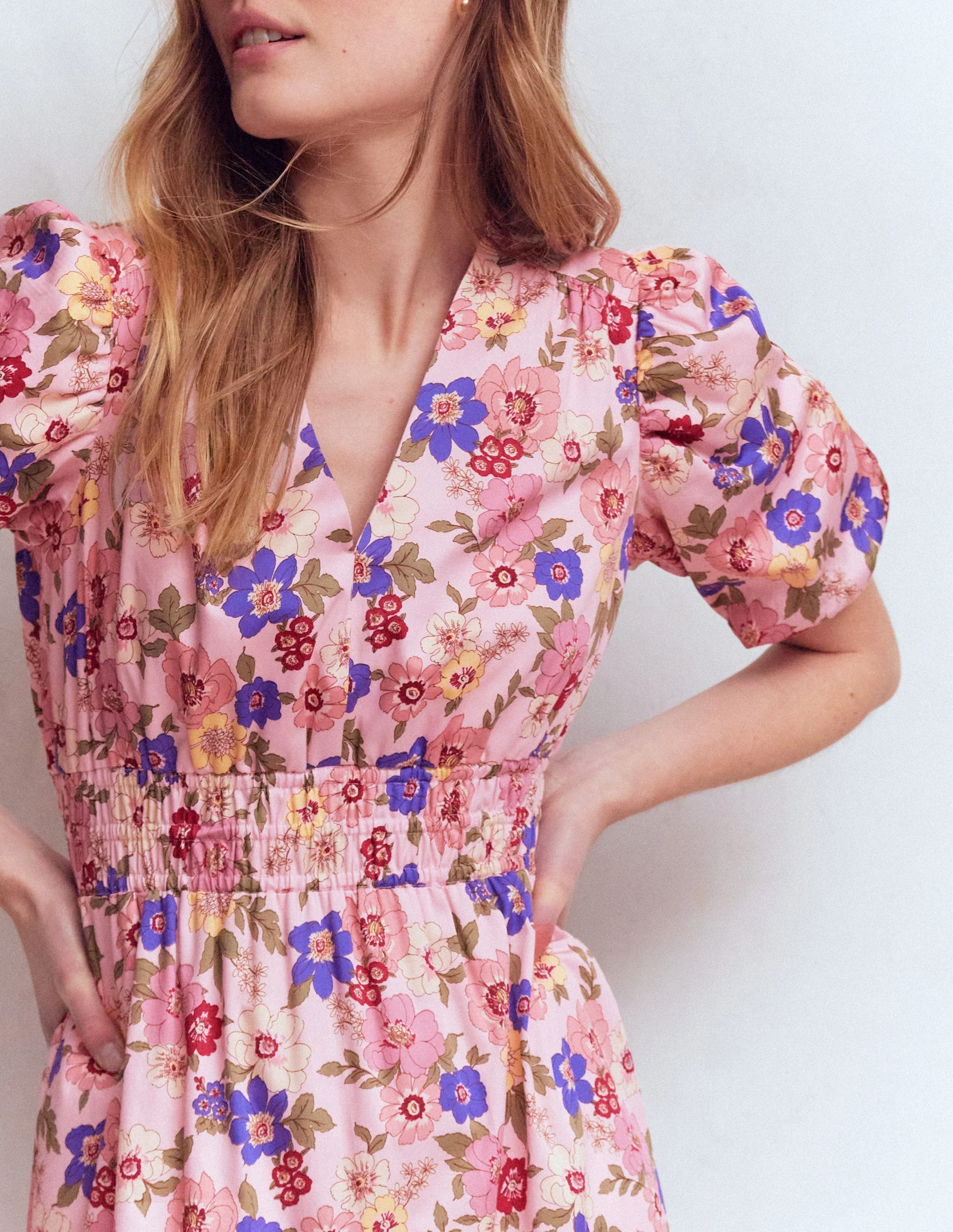 Irene Puff Sleeve Cotton Dress-Pink, Blossomy Garden - Image 3