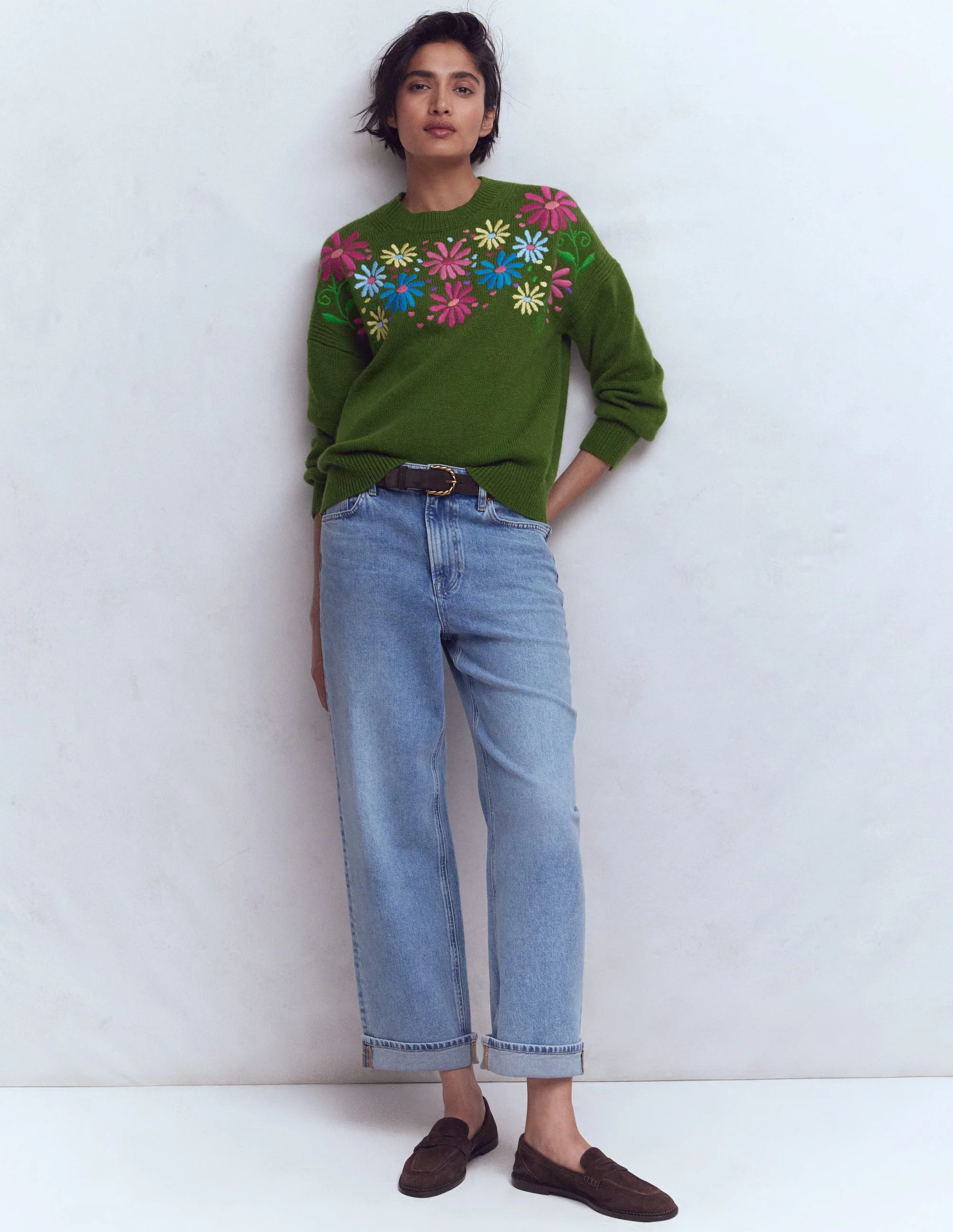 Isa Embroidered Sweater-Herb Garden, Green Flowers - Image 4