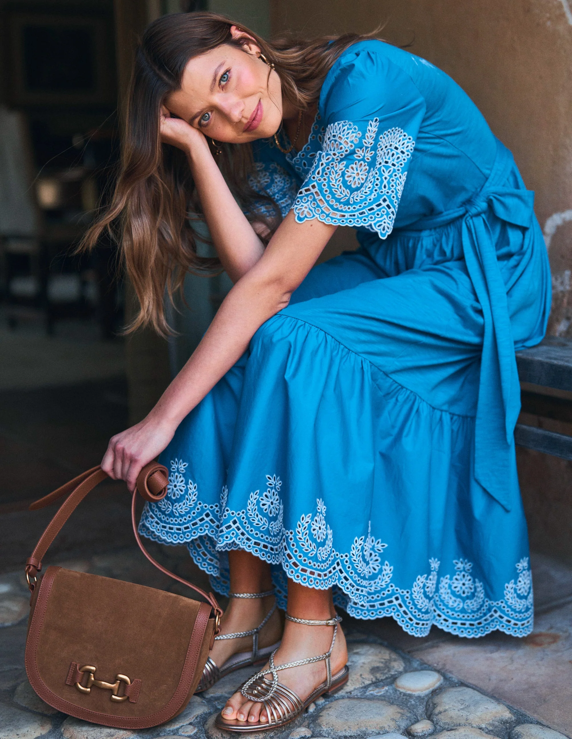 Isabel Broderie Mix maxi Dress-Cerulean Blue - Image 2