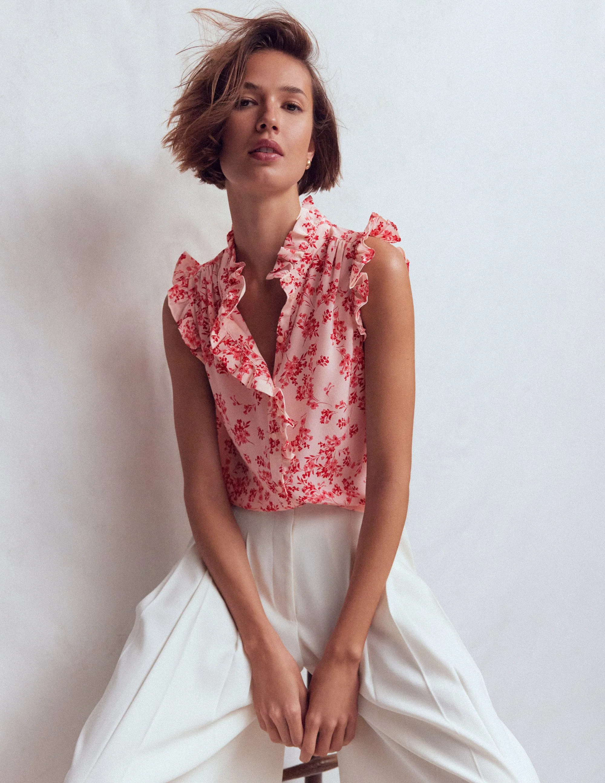 Isabel Sleeveless Silk Top-Pink, Bloom Scatter Mono - Image 2