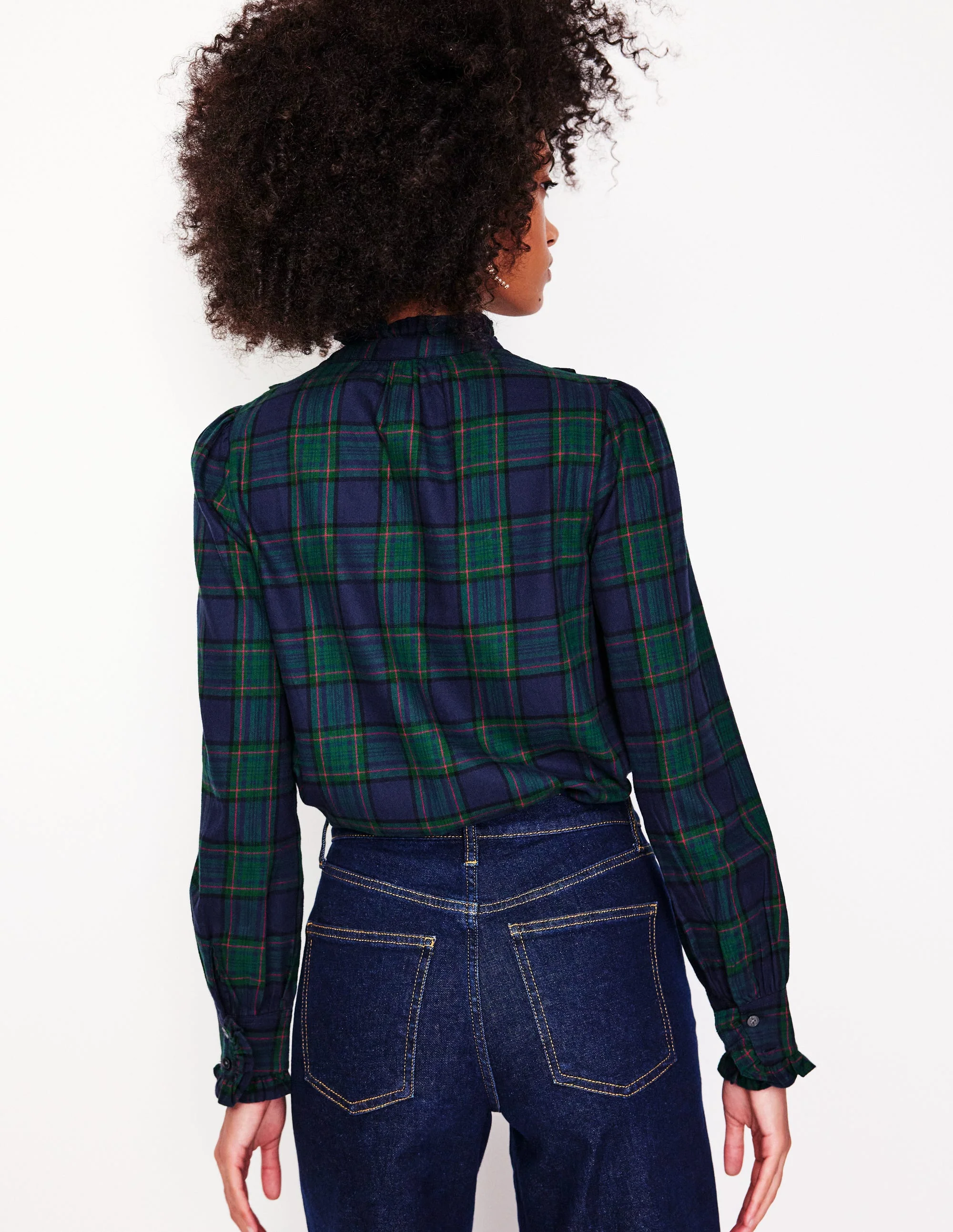 Isla Frill Detail Blouse-Navy and Green Check - Image 3