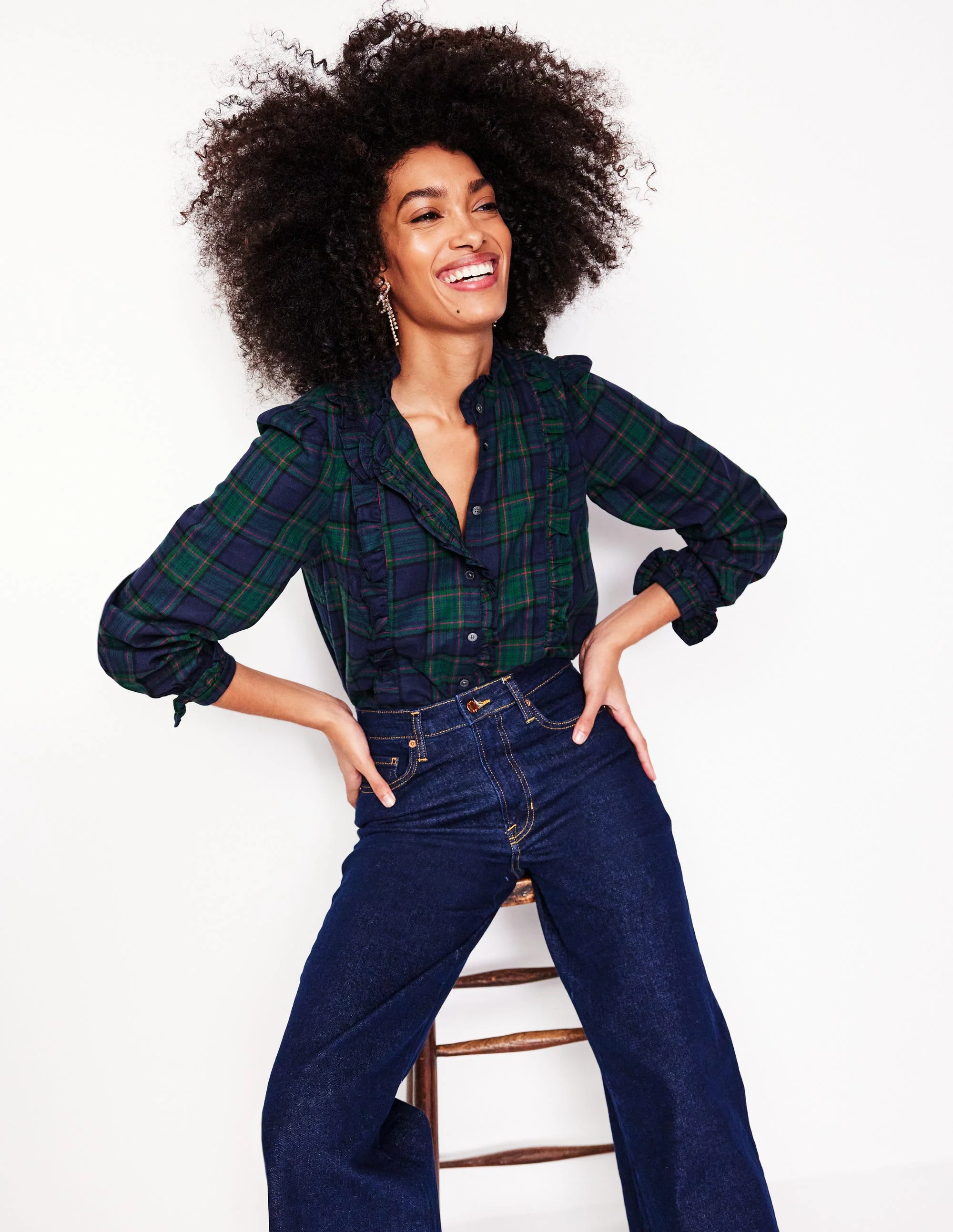 Isla Frill Detail Blouse-Navy and Green Check - Image 4