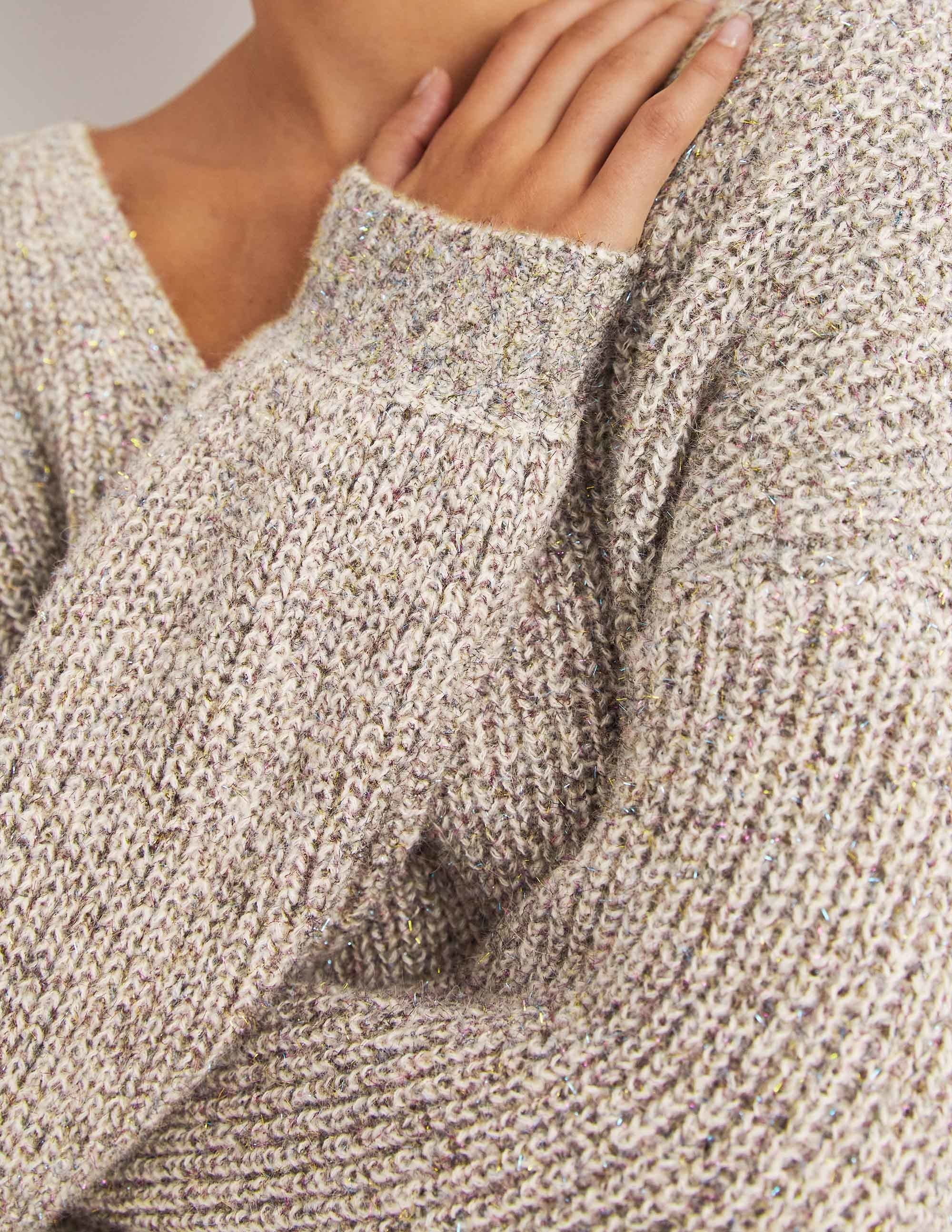 Ivory Sparkle Ribbed Fluffy V-Neck Sweater-Ivory Sparkle - Image 2